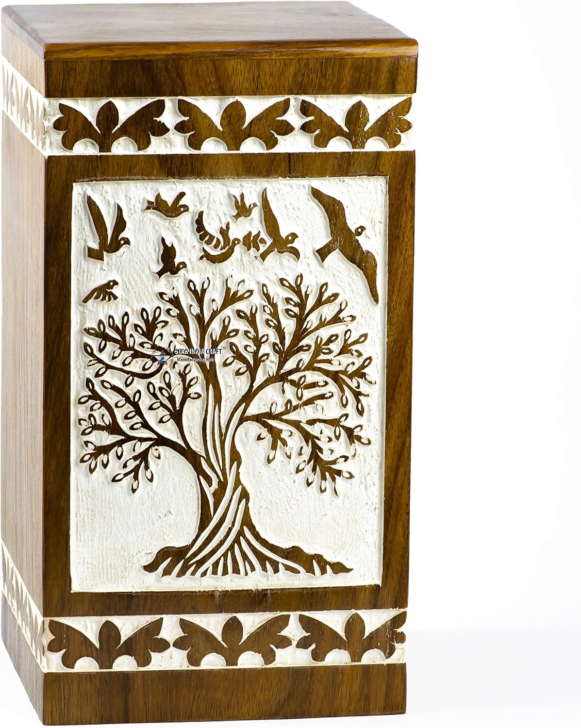 STAR INDIA CRAFT Rosewood Urn for Human Ashes Adult,Tree of Life Wooden Urns for Ashes, Cremation Pet Urns for Dogs Ashes, Wooden Box, Funeral Urn Box (Tower 73 White, 250 Cu/in)