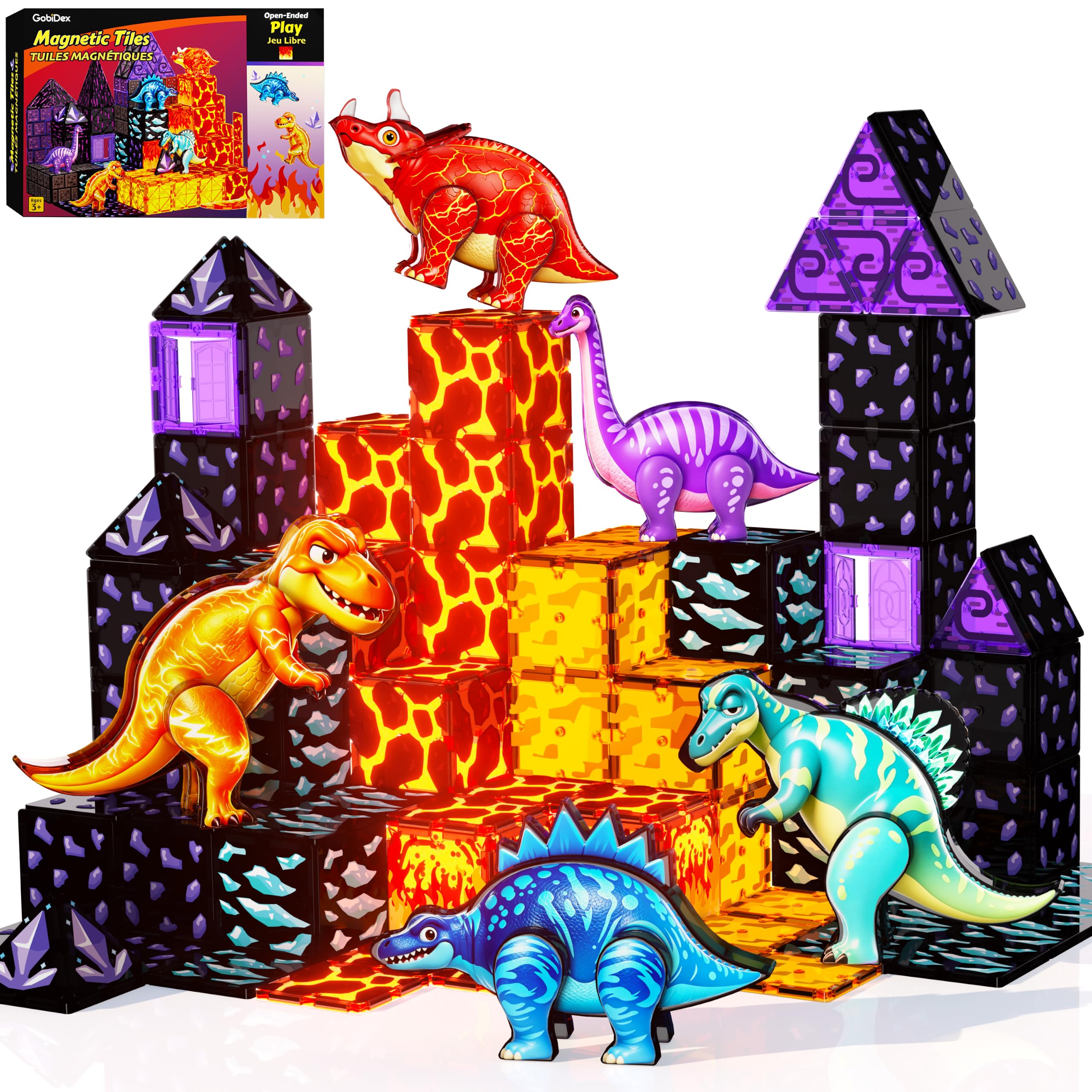 GobiDex Magnetic Tiles Lava & Cave Dinosaur Toys for Kids 3-5 5-7 | Dinosaur Magnetic Building Blocks for Girls Boys Toy Age 4-6 6-8, Educational STEM Toys for 3 4 5 Year Old Boy Birthday Gift