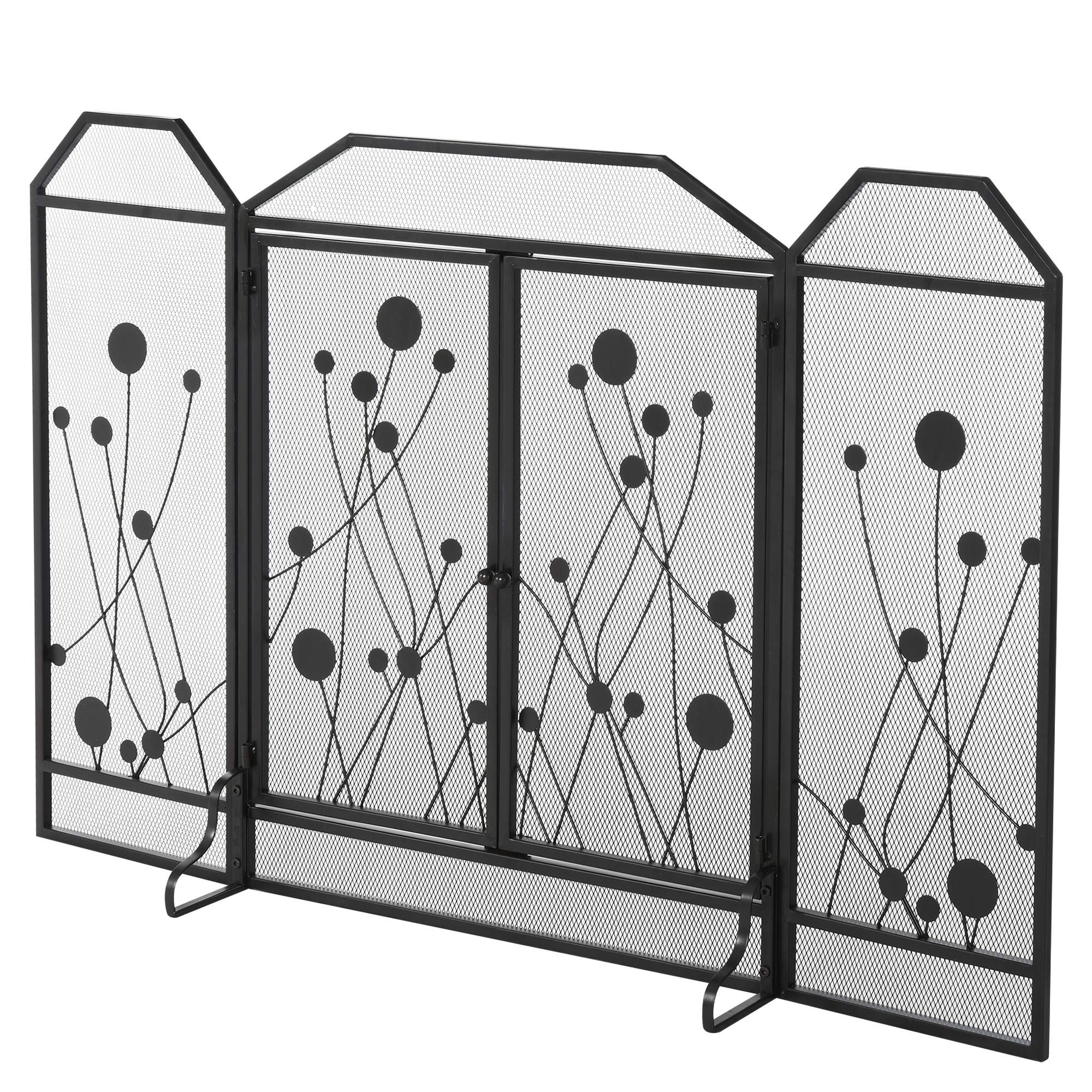 HOMCOM Parascintille Pieghevole per Camino in Acciaio e Metallo Nero con 2 Porte a Chiusura Magnetica, 125x80cm