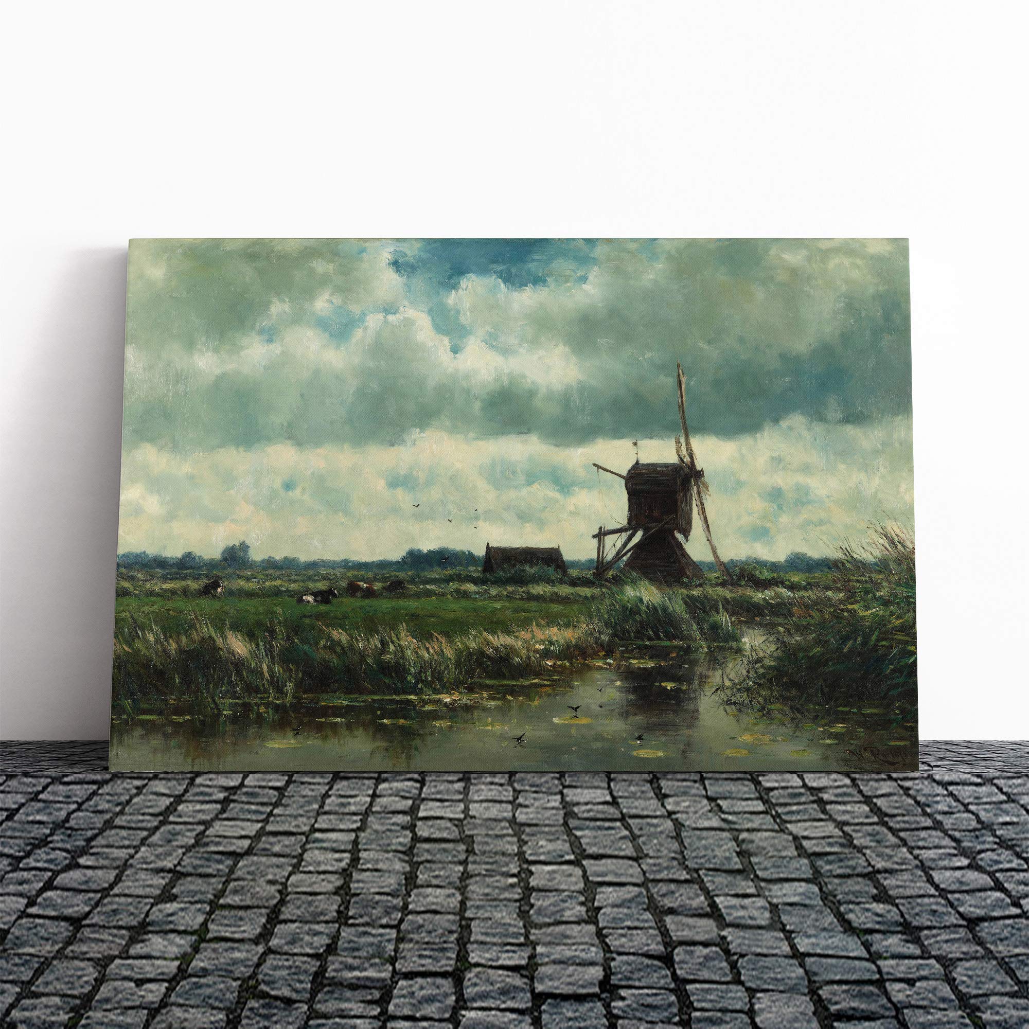 Willem Roelofs Landscape Windmill Canvas Print | Gallery Wrapped 30mm Frame Wall Art | 24x16 inches | Ready to Hang | Modern Landscape Picture | Living Room Bedroom Lounge Office
