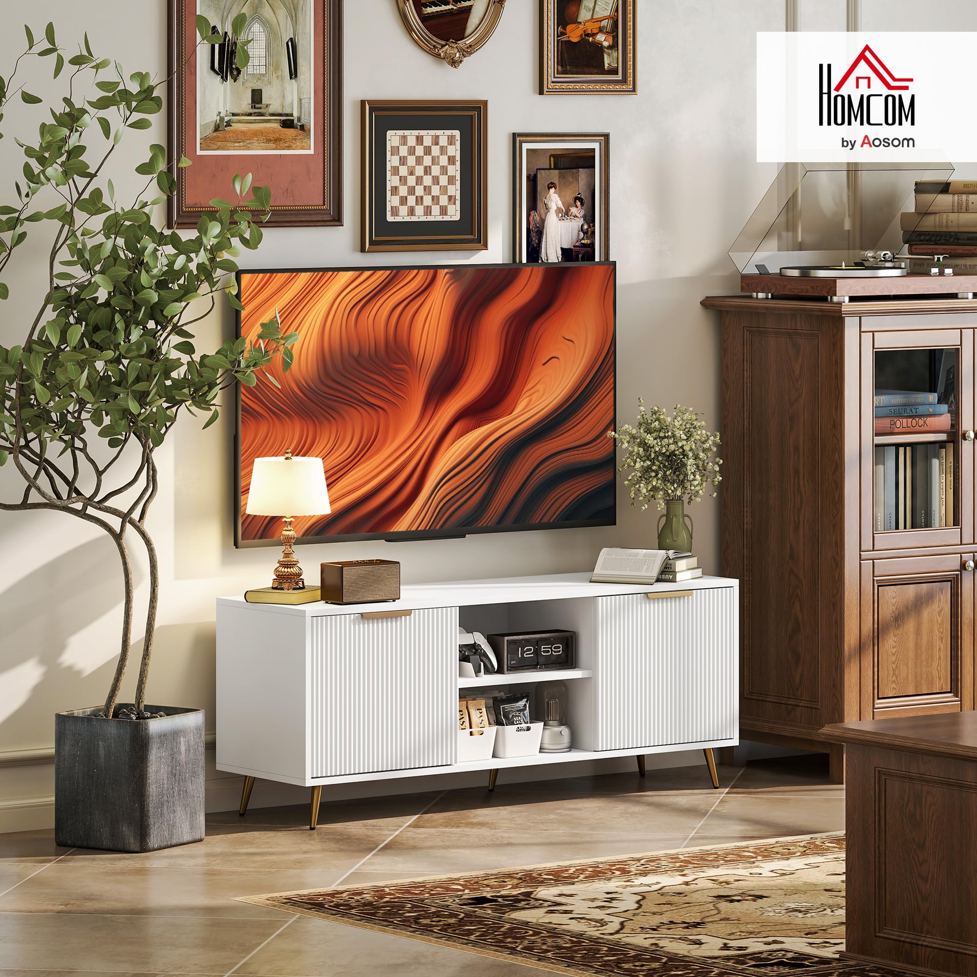 HOMCOM Mueble de TV Moderno para Salón 55 Pulgadas 120x35x48 cm Blanco | 2 Compartimentos Abiertos, 2 Puertas, Mueble para Televisión