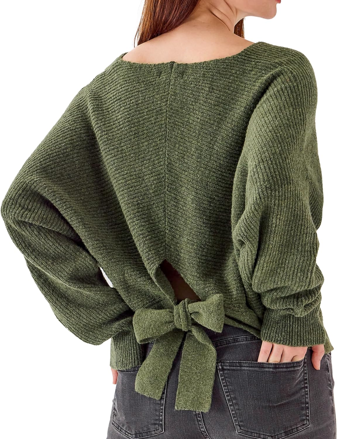 Simple&Opulence Women's Open Back Sweater with Bow Tie Long Sleeve V Neck Backless Drop Shoulder Knit Pullover Sweaters S-XL
