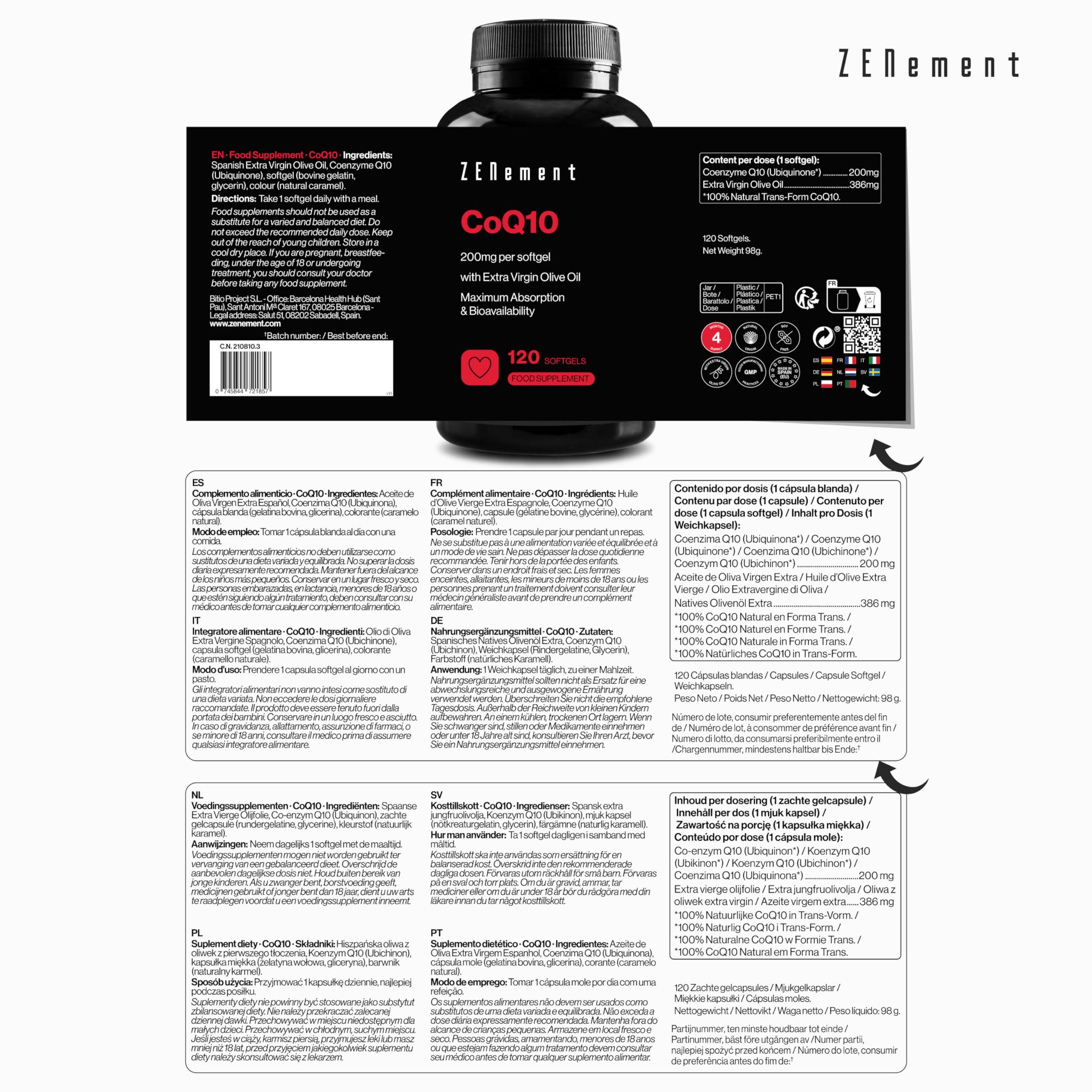 Coenzyme Q10, 200 mg | 100% Pur Fermenté Naturellement, 120 Perles (Approvisionnement pour 4 Mois) avec Huile d'Olive Vierge Extra Espagnole Bio | Haute Puissance, Antioxydant | Zenement