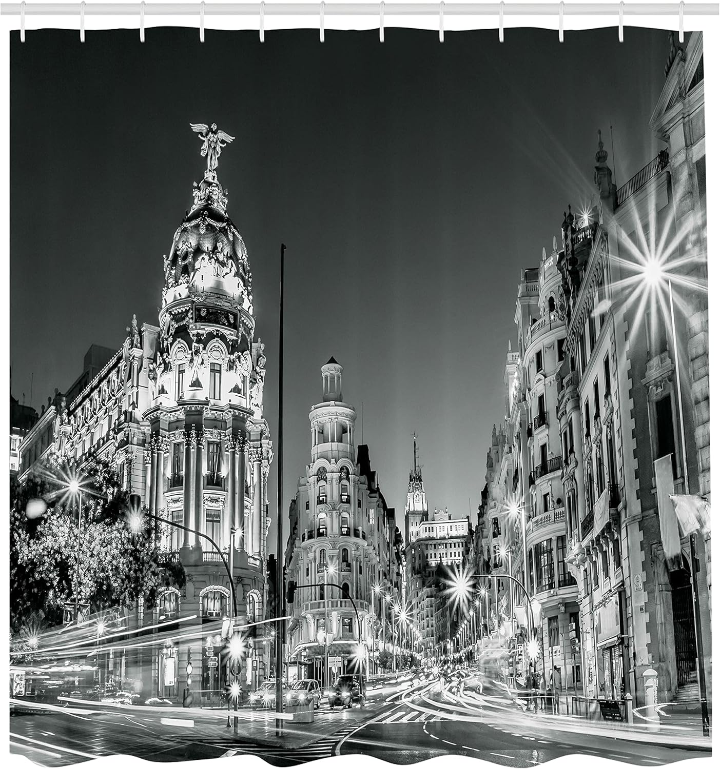 Ambesonne Black and White Shower Curtain, Madrid City at Nighttime in Spain Main Street Architecture, Cloth Fabric Bathroom Decor Set with Hooks, 69" W x 75" L, Black White Grey