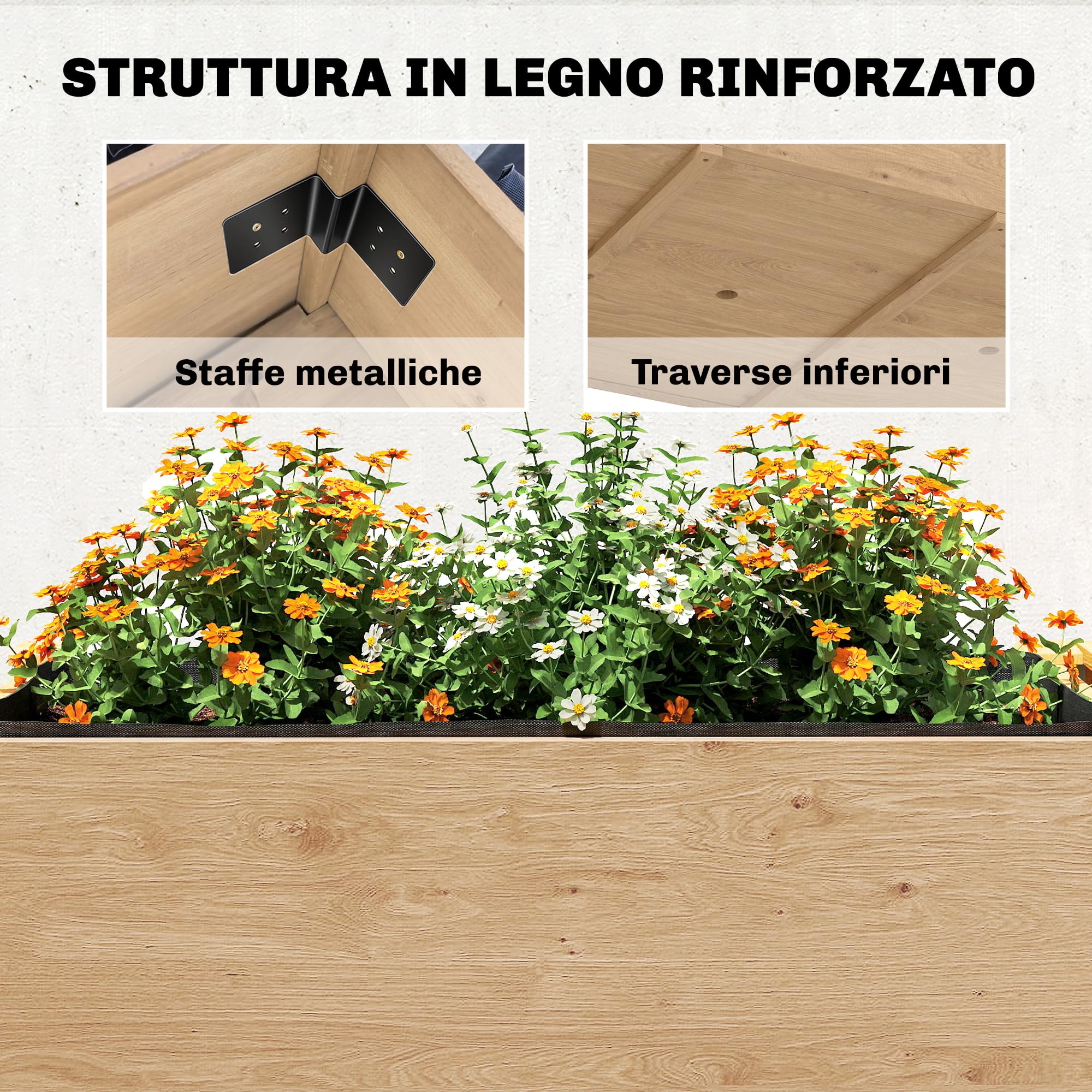 Outsunny Letto per Orto Rialzato a 2 Livelli con Ripiani Laterale e Inferiore, Fioriera Rialzata da Esterno in Abete con Fodera e Fori di Drenaggio, per Fiori Verdure, 119.5x102x76.5cm, Marrone Chiaro