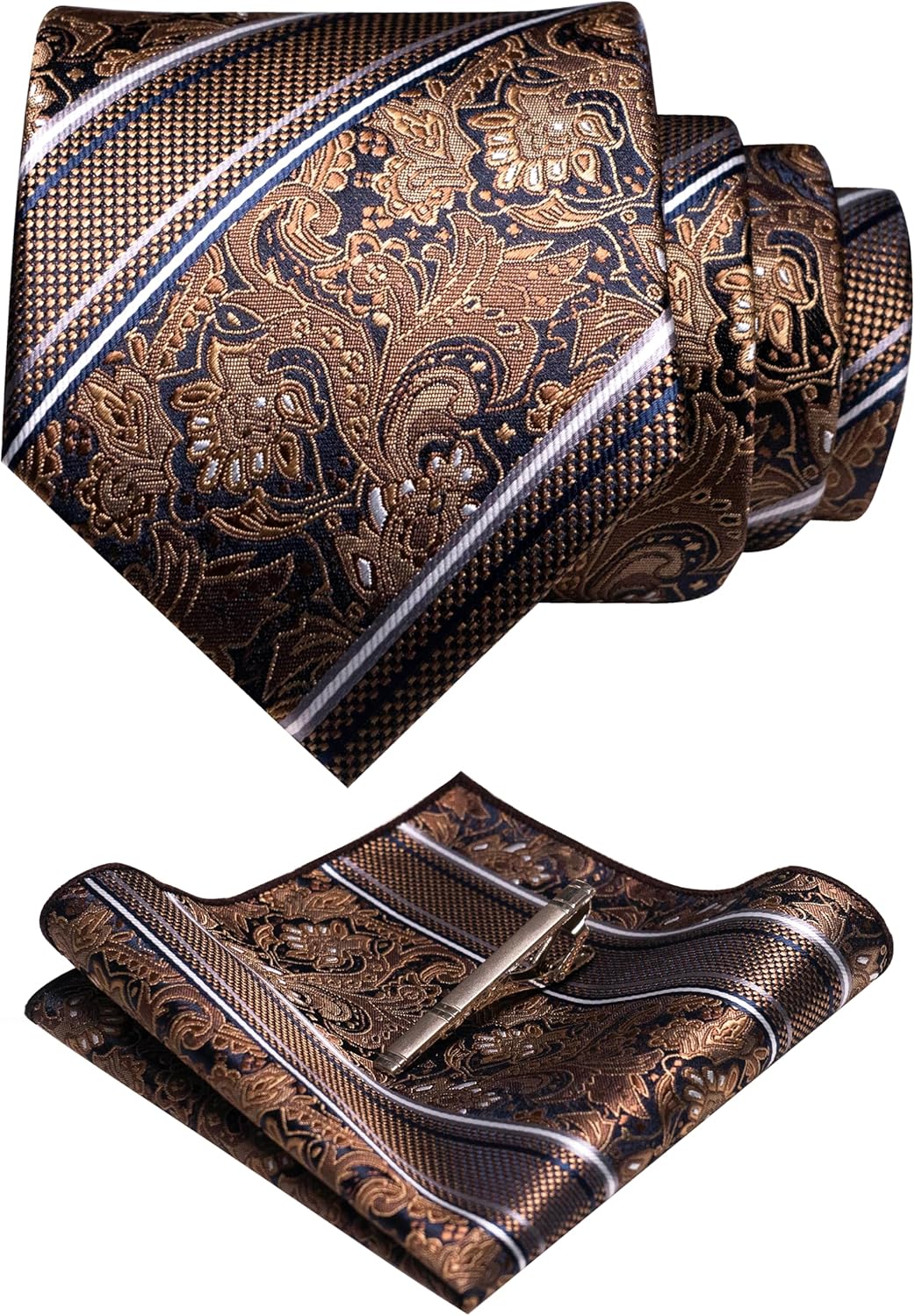 RBOCOTT Silk Stripe Plaid Tie and Pocket Square with Tie Clip Sets for Men