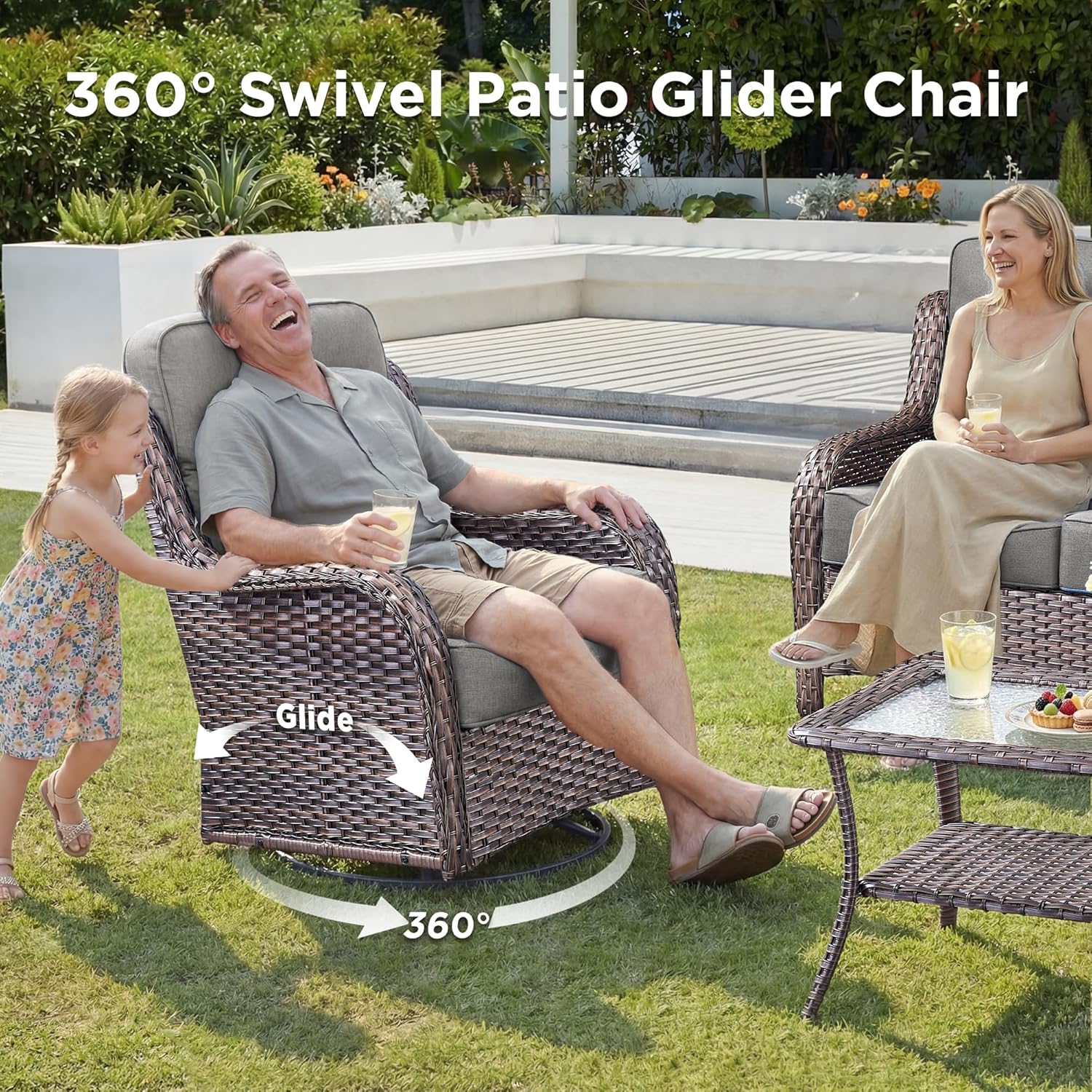 Luxury Patio Furniture Set with Fire Pit Table-4 Pieces High Back Wicker Swivel Rocker Chairs with 6" Extra Thick Cushions, Outdoor Patio Conversation Sets for Porch Deck Backyard(Brown/Grey)
