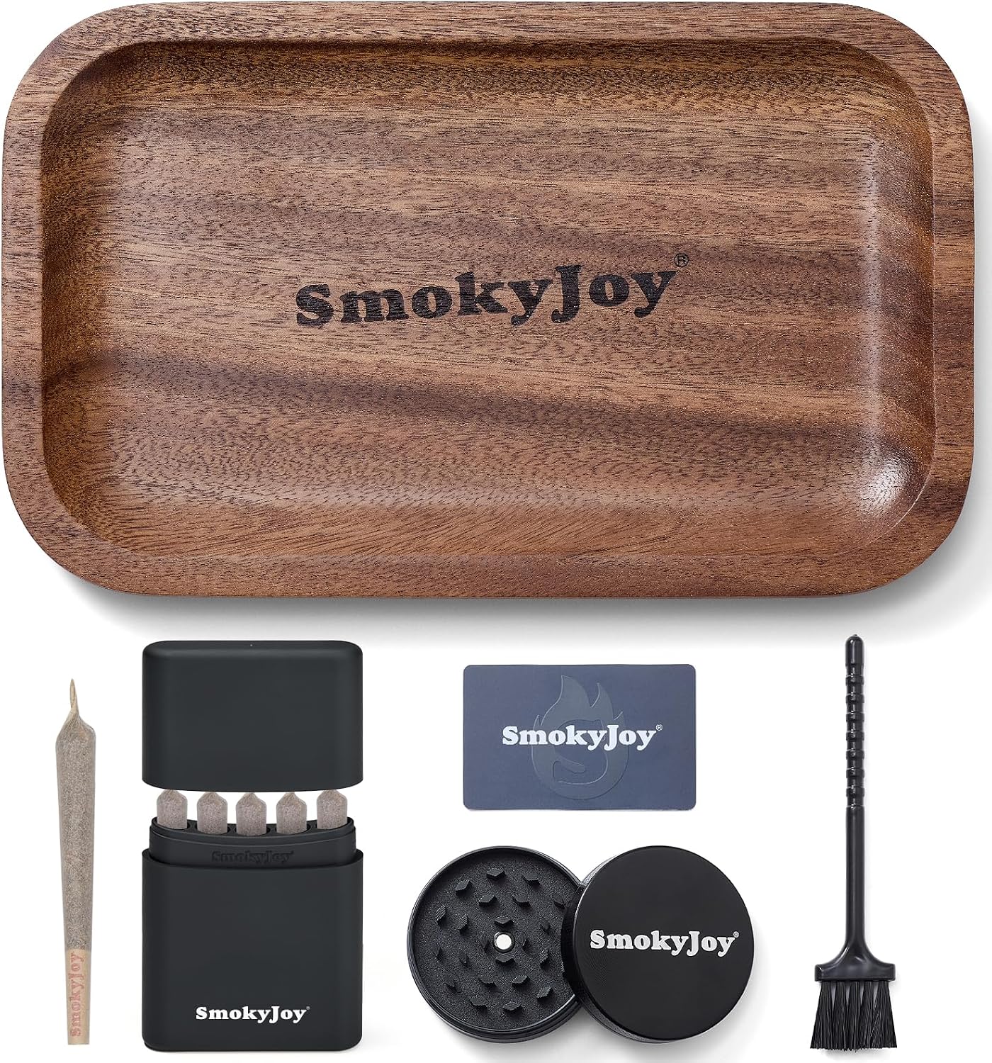 Wooden Rolling Tray Set, 10.8 Inch Walnut Wood Trays Bundle with Smell Proof Cigarette Holder Case, Grinder, Cleaning Brush and Scoop Card, Portable Accessories Kit