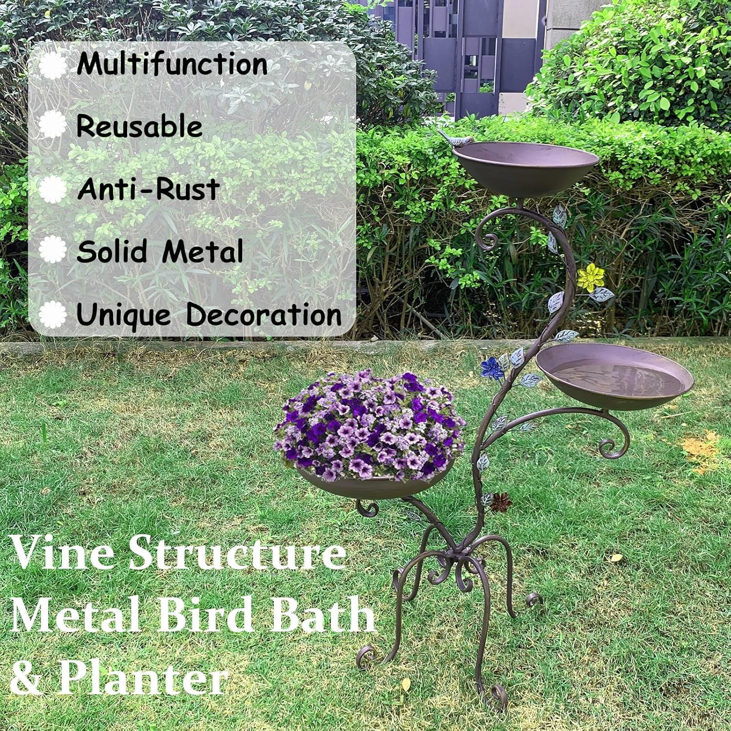 37" H Bird Bath Feeder and Planter for Outdoors, 3-in-1 Metal Birdbaths Stand Vintage Pedestal Bird Bowl for Outside Garden Yard Patio Lawn Decor