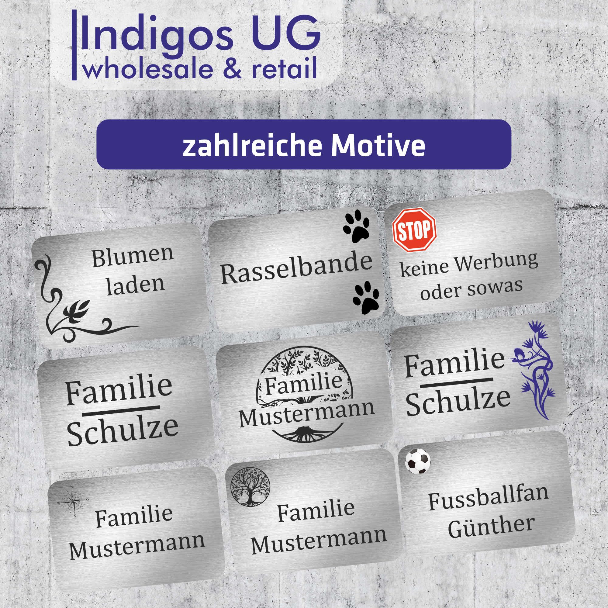 INDIGOS UG - Namensschild - kleiner Strich - 600x400 mm Aluverbundplatte Edelstahllook 3 mm - individuell personalisiert mit Wunschtext, Namen, Familienname, Firma - Briefkasten - Haustür