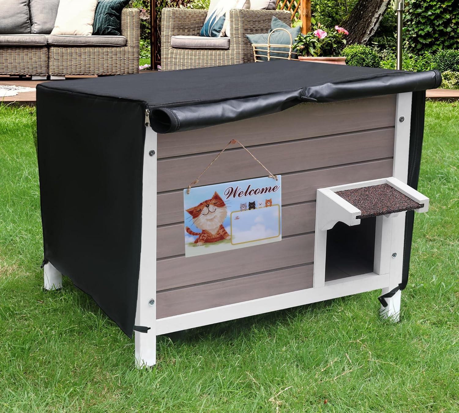 Deblue Insulated Outdoor Cat House with Cover, Warm Pet House for Outdoor Cats in Winter, Weatherproof Feral Cat House for Multiple Cats (Grey House with Cover)