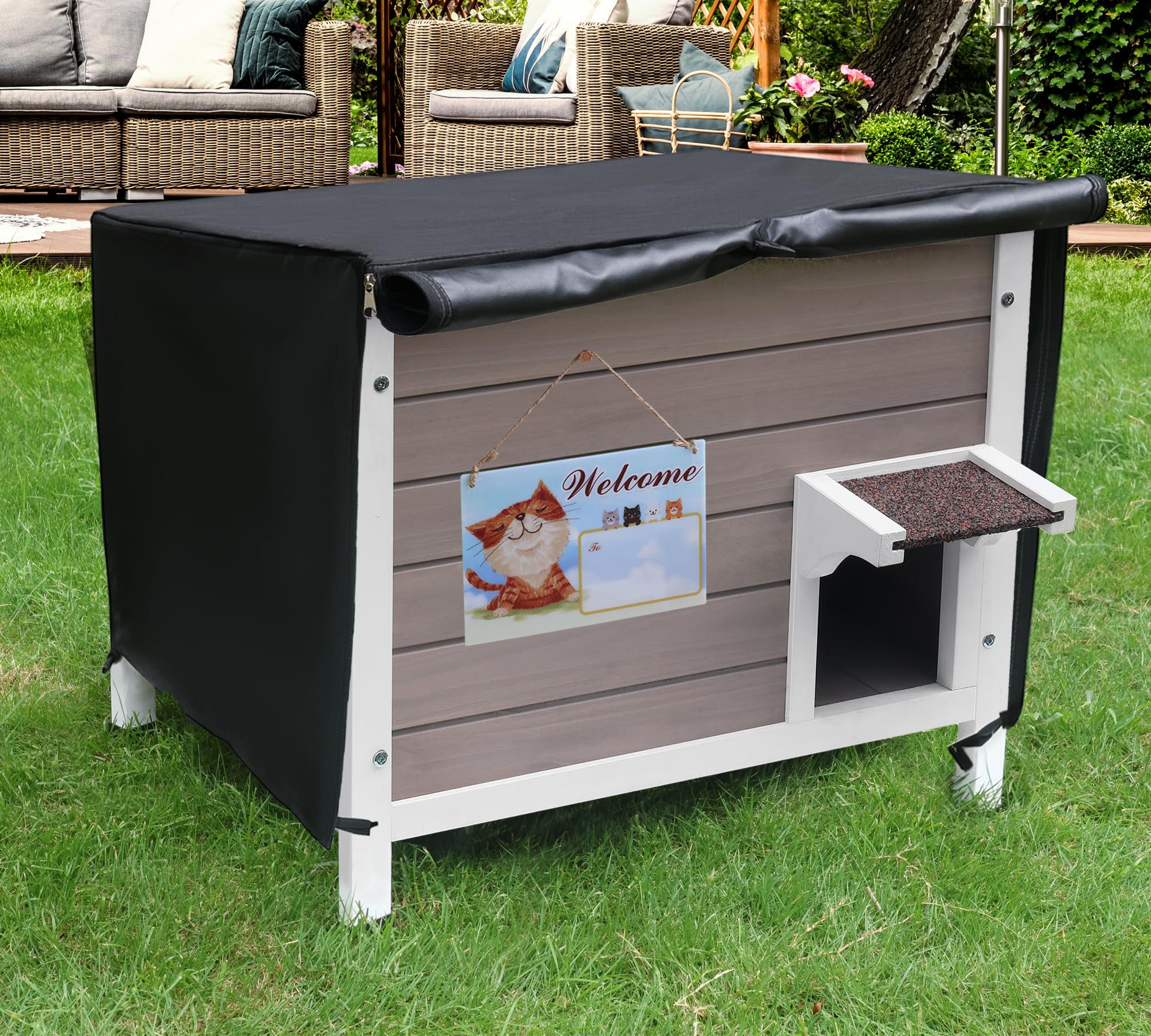 Deblue Insulated Outdoor Cat House with Cover, Warm Pet House for Outdoor Cats in Winter, Weatherproof Feral Cat House for Multiple Cats - Cat House with Cover