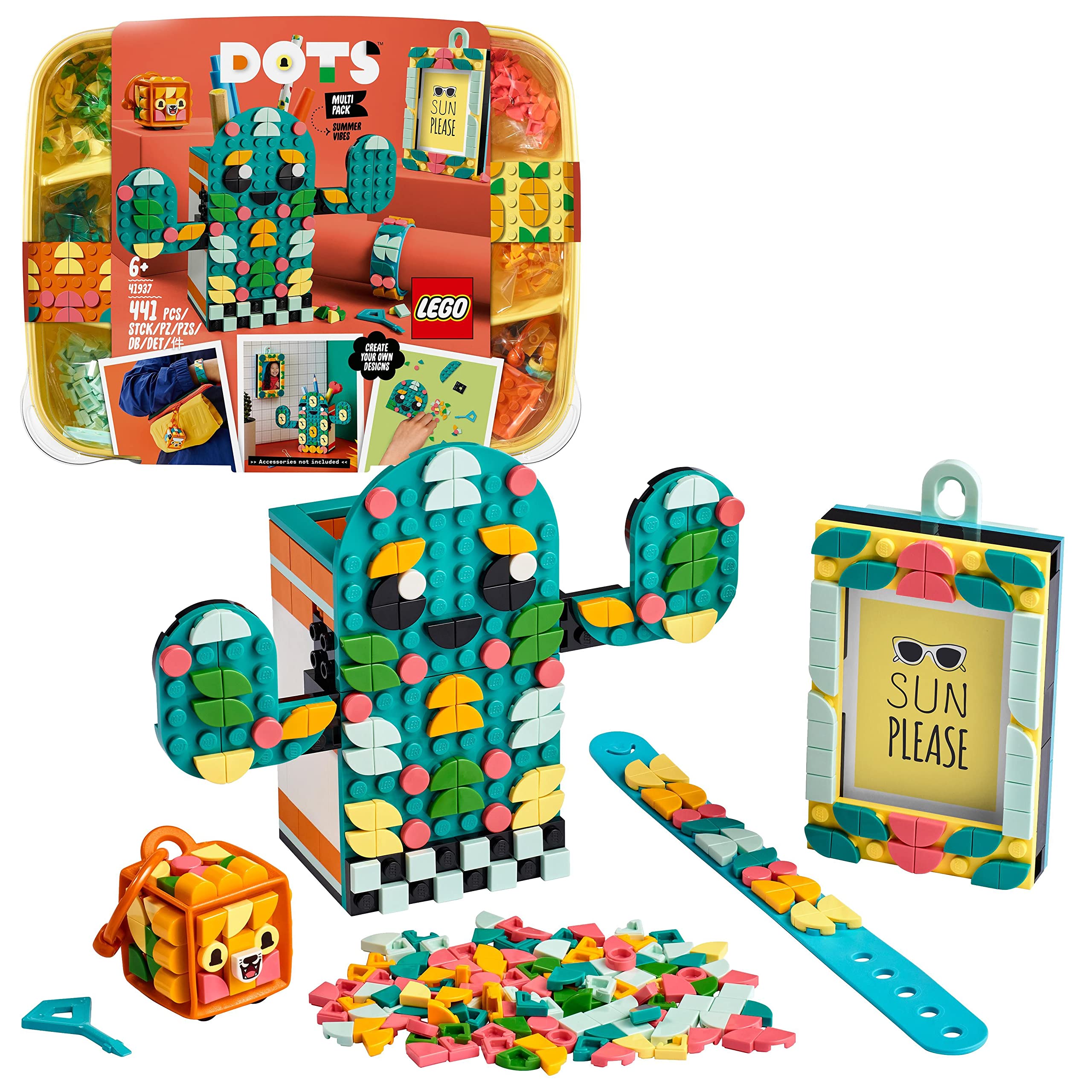 LEGO 41937 DOTS Multi Pack - Sensazioni Estive 4 in 1, Kit di Giocattoli Creativi per Bambini con Cornice Portafoto, Braccialetto, Portachiavi e Portapenne