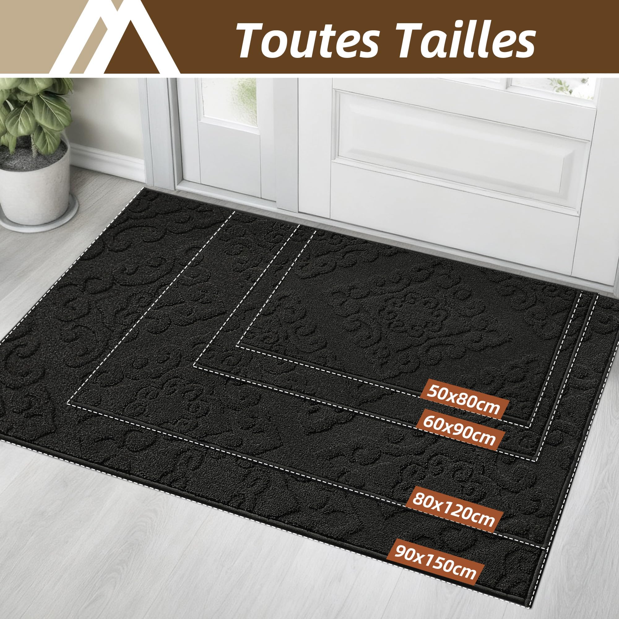 COSY HOMEER Paillasson lavable et antidérapant pour entrée intérieure, 90 x 150 cm, noir