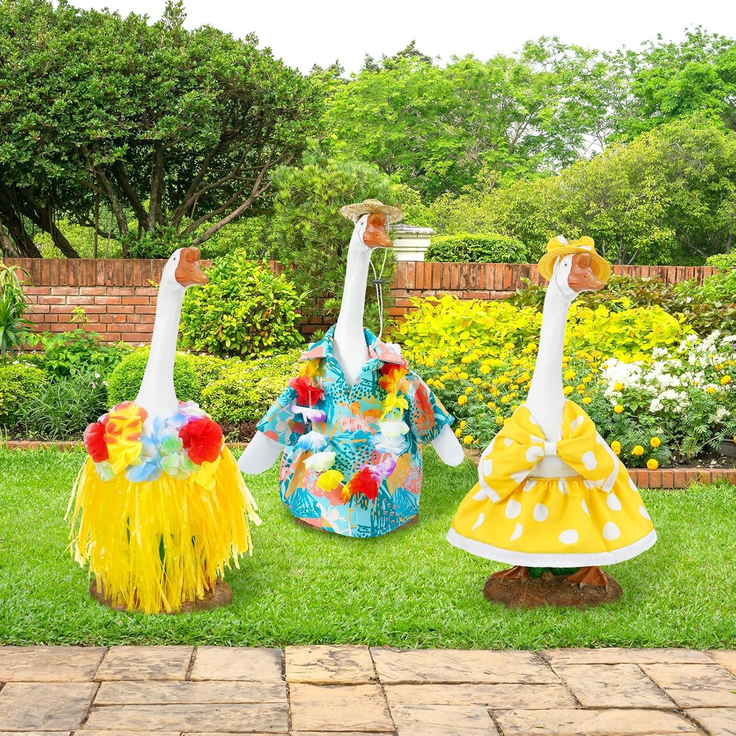 3 Sets Hawaiian Goose Outfit Lawn Porch Goose Cloths Summer Yard Goose Outfits Hawaiian Luau Goose Outfit for 23'' Goose Outdoor Patio Yard Lawn Art Decoration(Dot Bikini,Hula Skirt) - Image 7