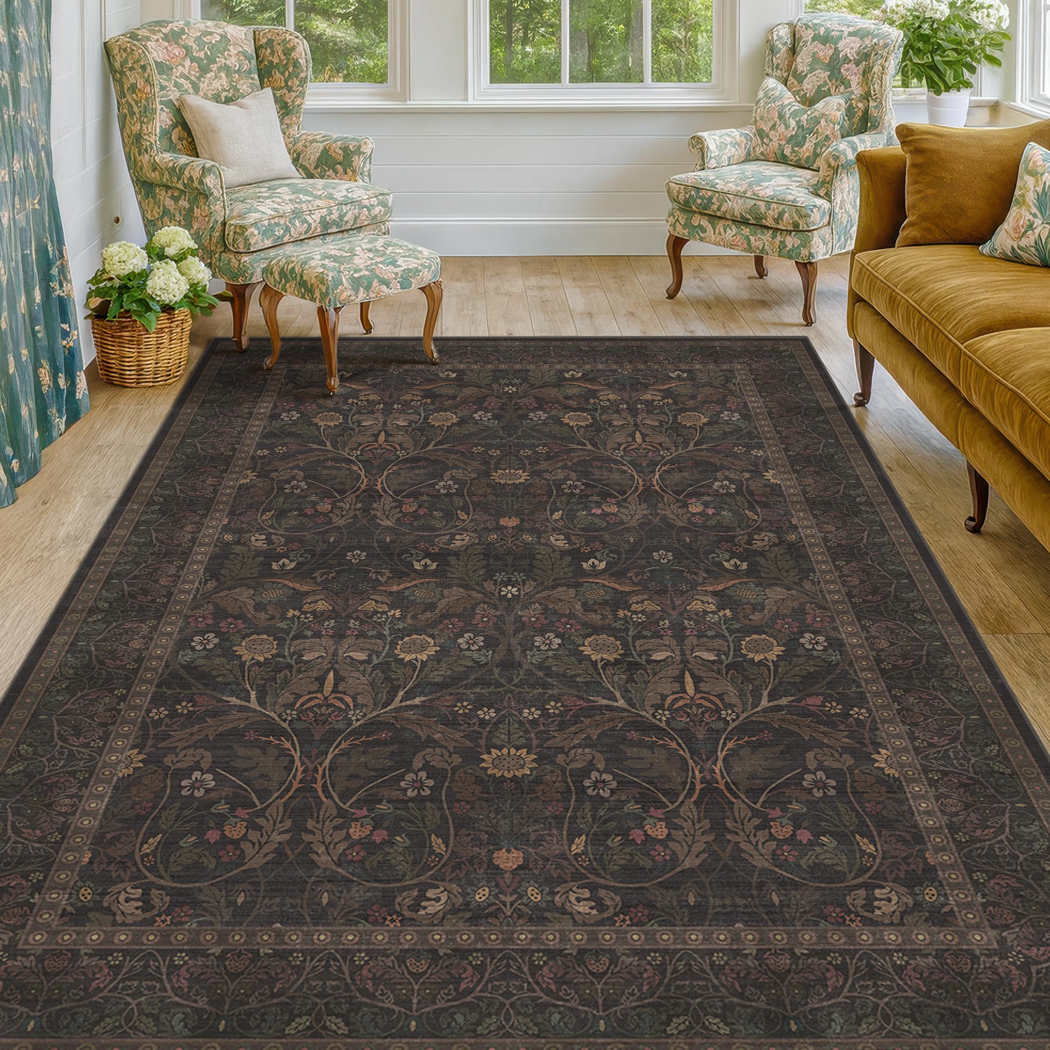Evyhood Dark Brown Floral Rug