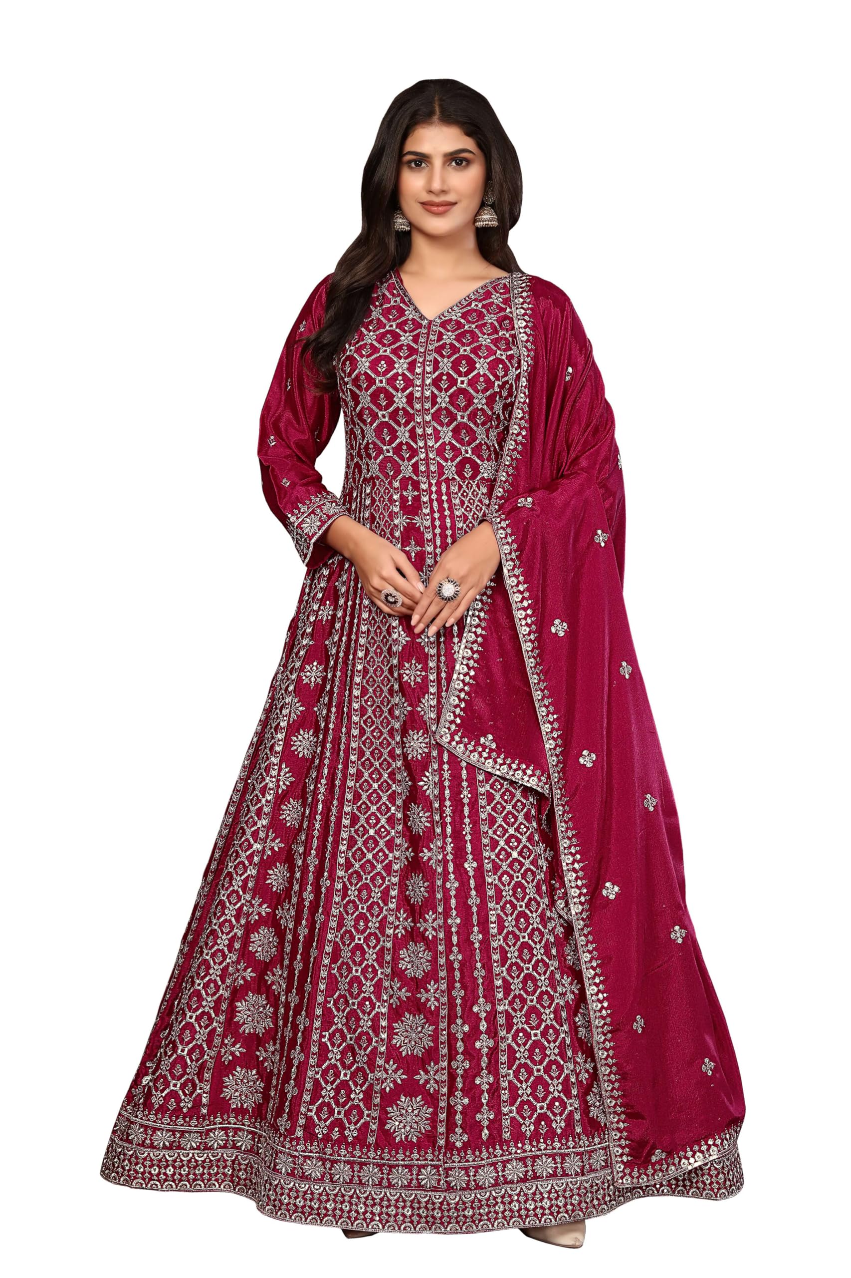 miss ethnik Women's Maroon Chinon Stitched Gown with Dupatta Full Sleeve Embroidered A-Line Gown (ME-1236)-picture-35