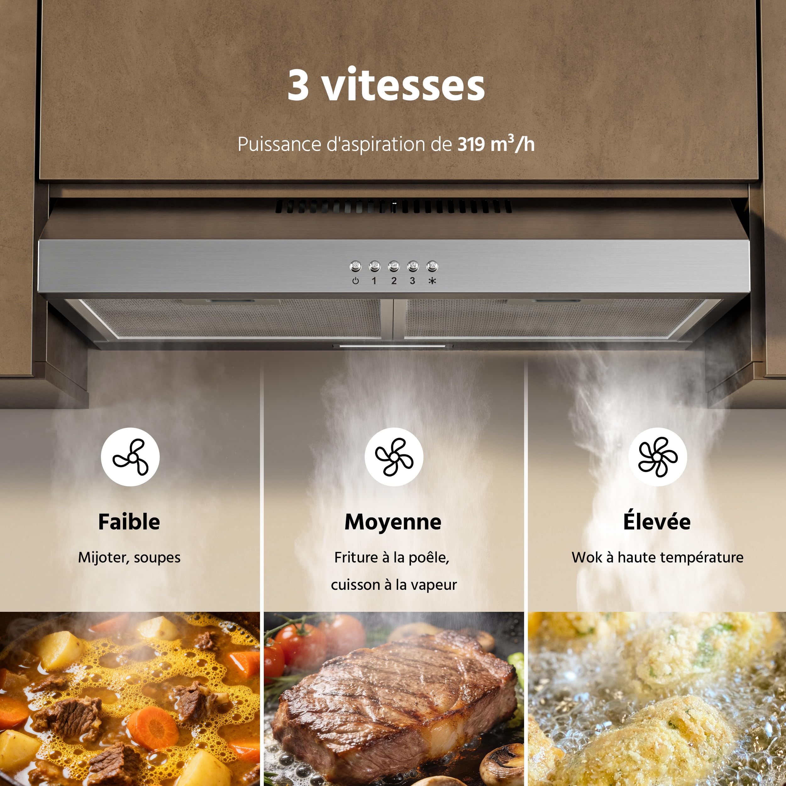 FIREGAS Hotte de Cuisine 60cm A++, Hotte Aspirante Inox Silencieuse avec Moteur sans Balais, 3 Vitesses, Éclairage LED, Mode Recyclage ou Évacuation, Idéal Petites Cuisines