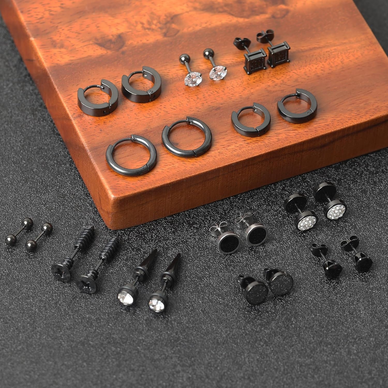 Set 12 Paia Orecchini In Acciaio Inox Nero - Cerchi E Bottone, Anallergici, Per Uomo E Donna - Foto 3