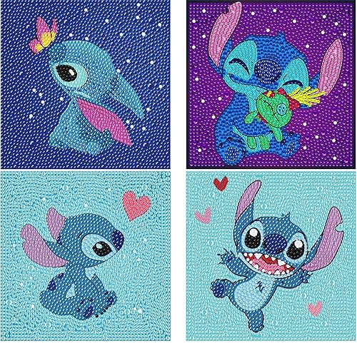 pvoodire Paquete de 4 kits de arte de diamantes de dibujos animados para niños, kits de arte de diamantes para niños, arte de diamantes para niños,