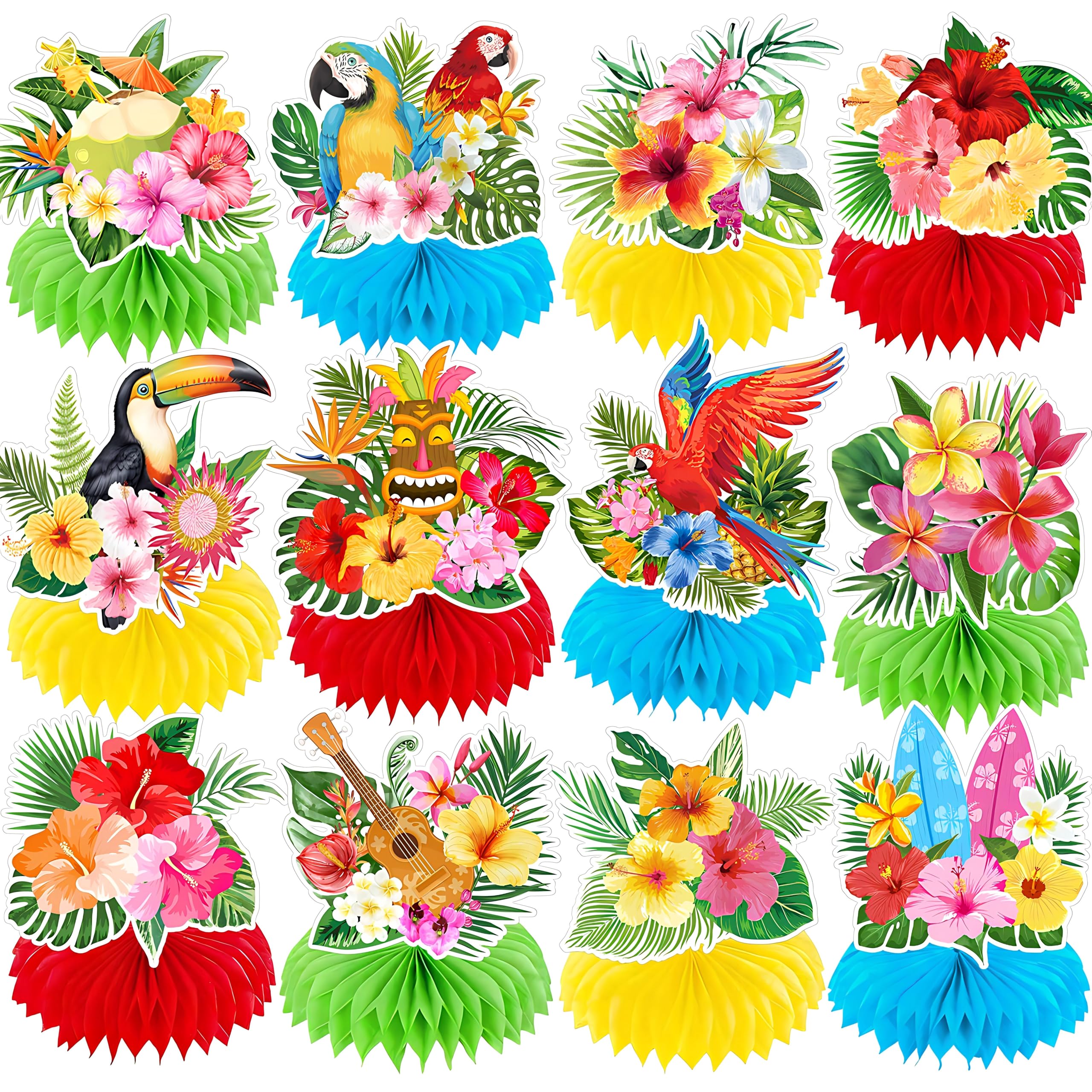 Photo 1 of 12 Pieces Tropical Luau Honeycomb Table Centerpieces, Colorful Hibiscus Flowers, Parrot with Multicolor Bases, Hawaiian Themed Decorations for Summer BBQ, Pool and Beach Aloha Birthday Decorations
