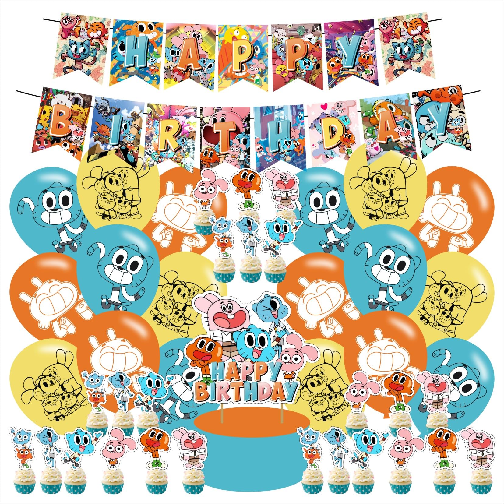 The Amazing World of Gumball Birthday Party Supplies Set Happy Birthday Banner, Cake Topper, Cupcake Toppers, Balloons for Gumball Kids Party
