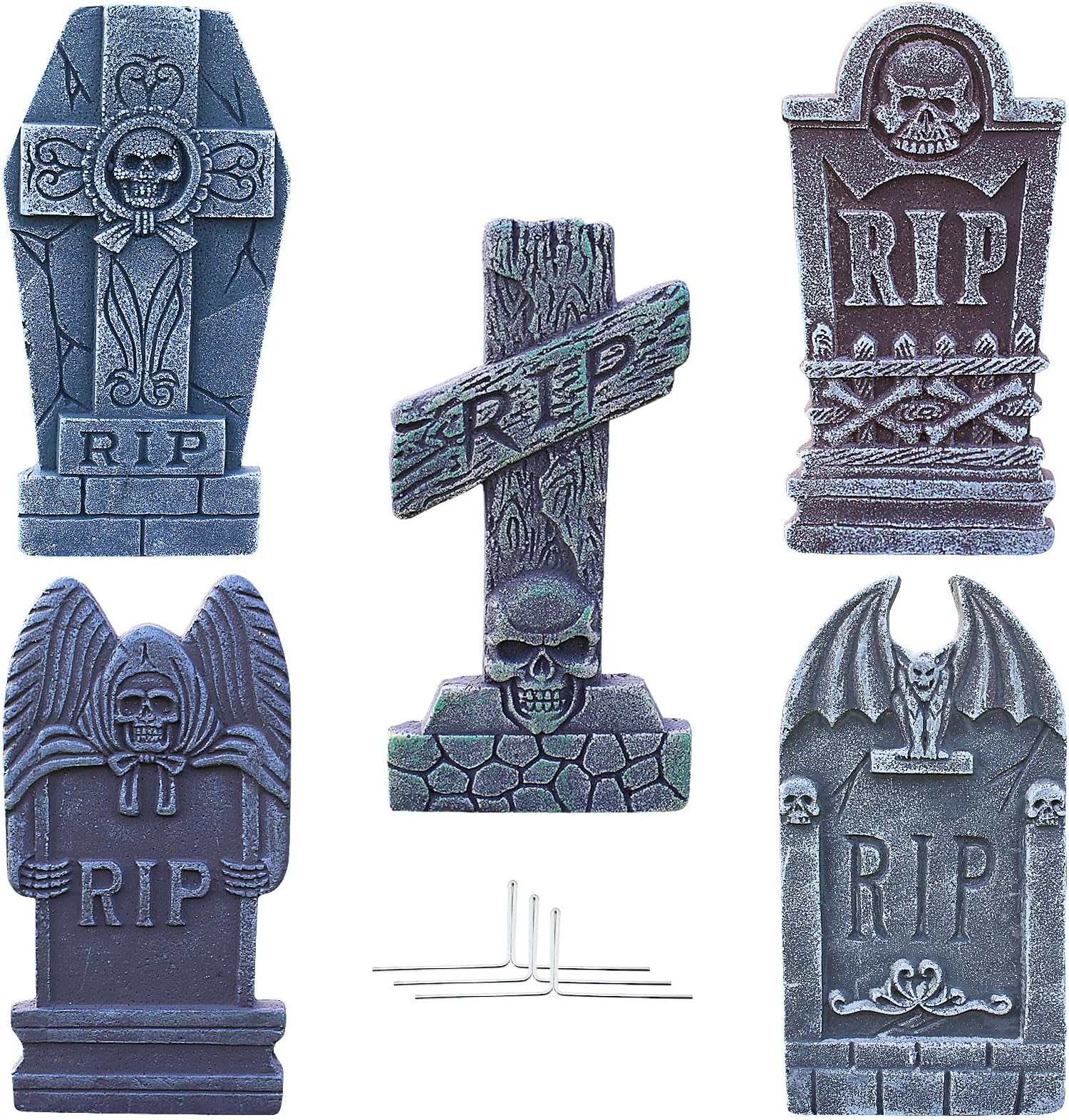 5 Pack Foam RIP Graveyard Tombstones, Gravestone Decorations for Lawn, Yard, Patio, Party (16 inch)