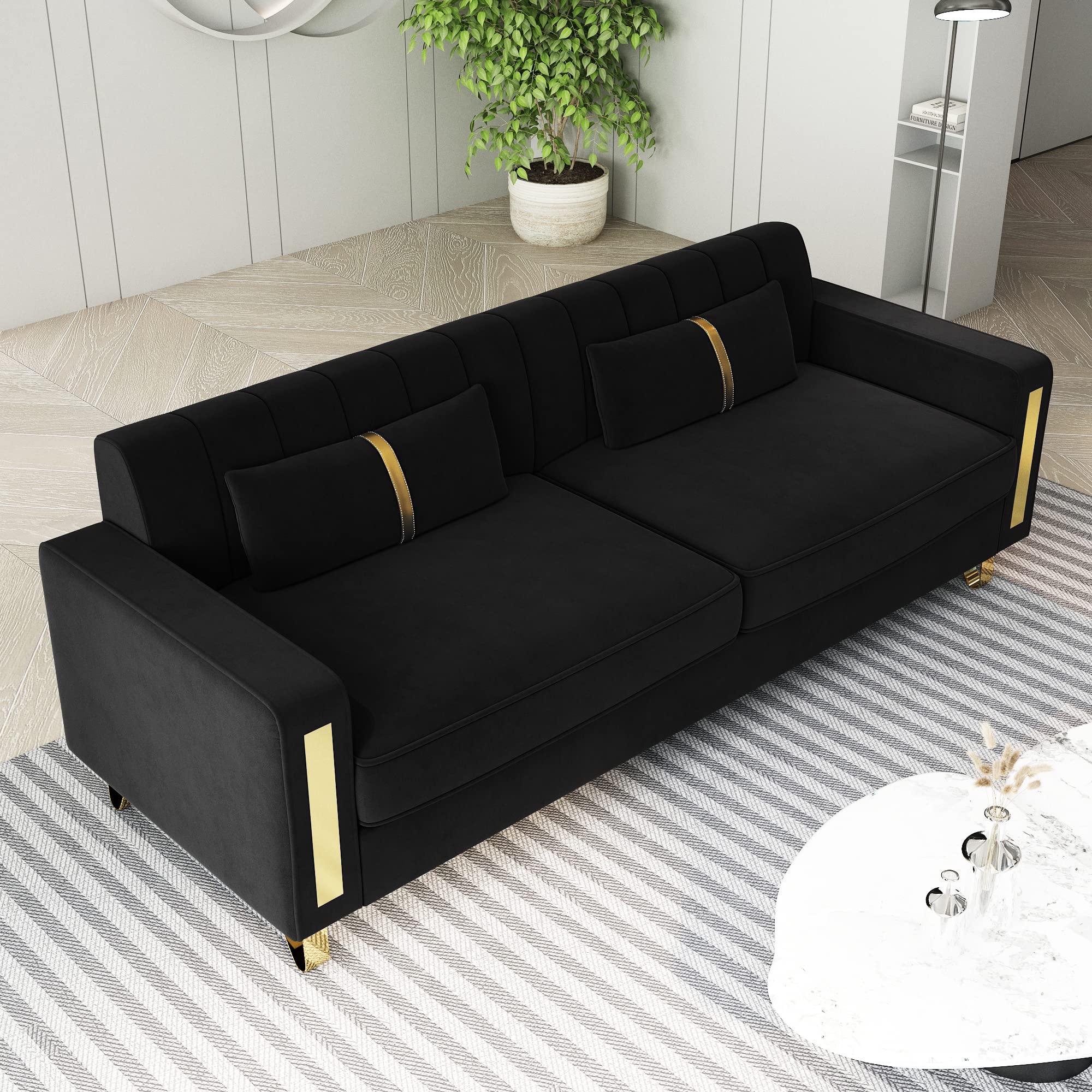 Modern Velvet Sofa Couch, 86" Large Loveseat Sectional Sofa Couch with Gold Legs for 3-4 Persons, Upholstered Deep Seat Love Seat Sofa Chaise for Living Room Office Apartment Black- BACK AND SUPPORTS ONLY