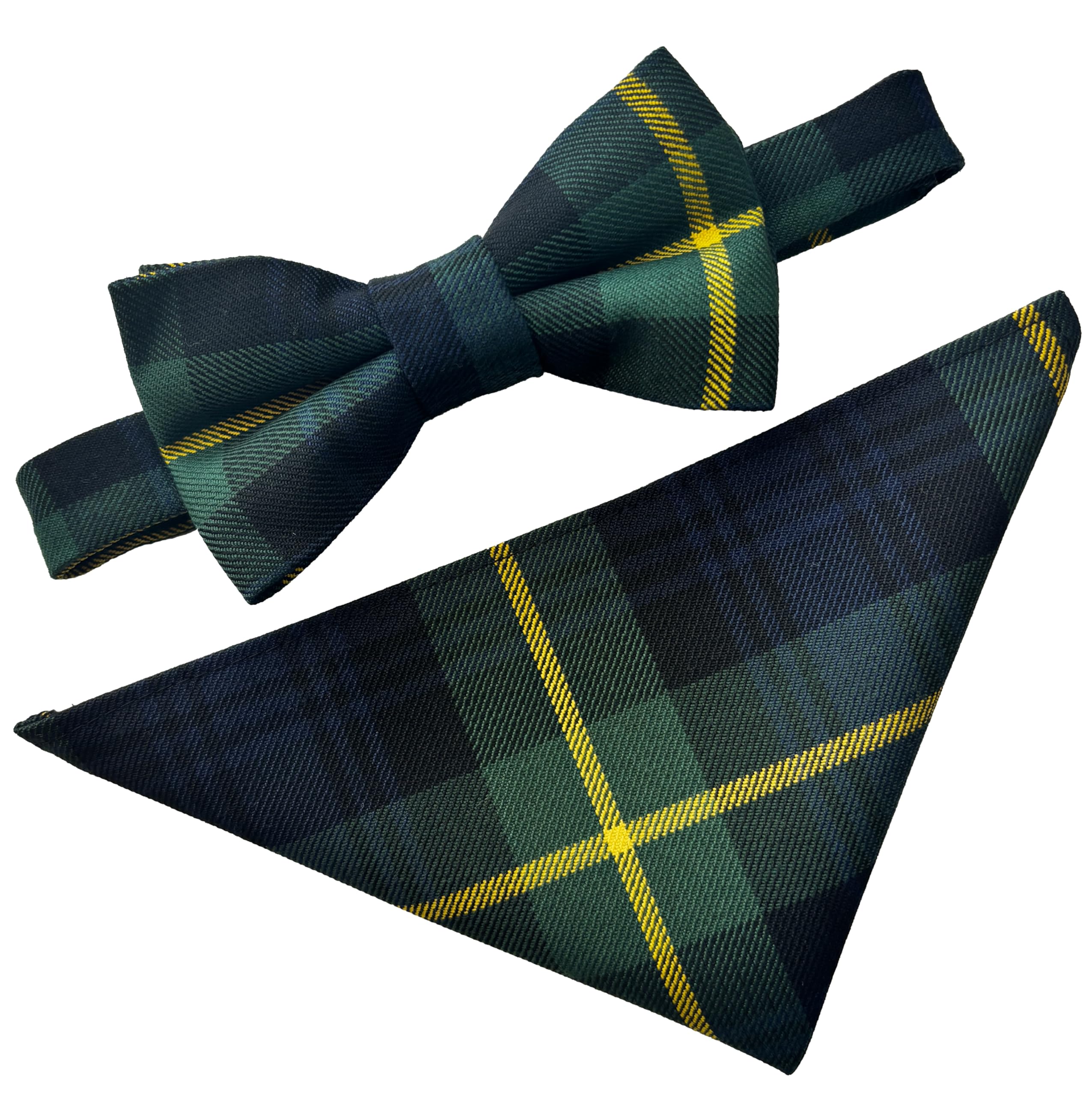 Great British Tie Club Men's Black, Green, Yellow Gordon Universal Tartan Scottish Plaid Bow Tie & Hanky Set For