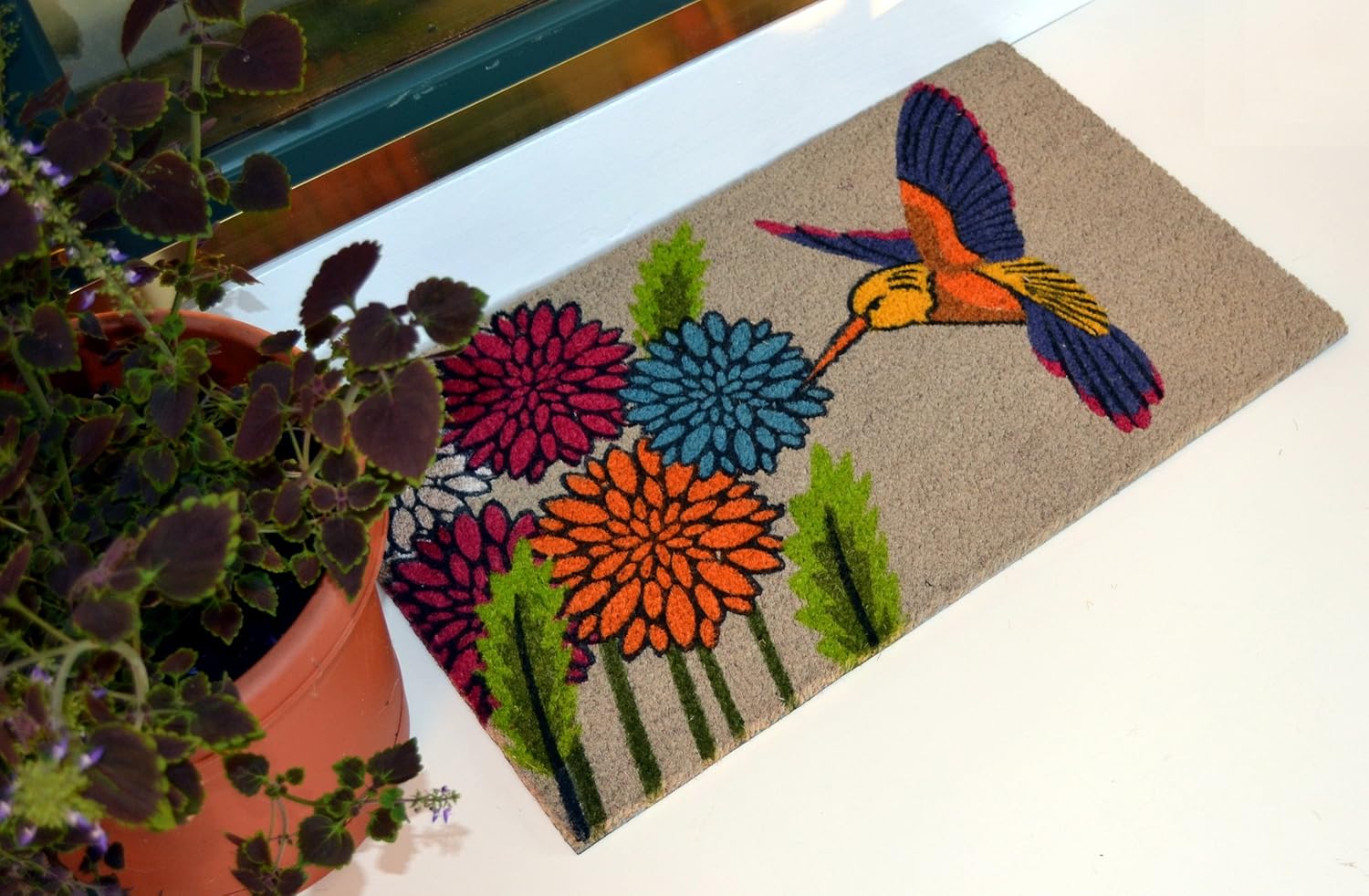PVC Backed Coir Doormat, Blue Hummingbird, 18"x30"