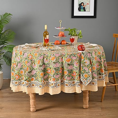 Miniatura 29 de Hand Block Printed Cotton Tablecloth – Elegant Floral Design Perfect for Dining Table Kitchen Parties Home Decor, Wall Tapestry (Peach Floral, 6