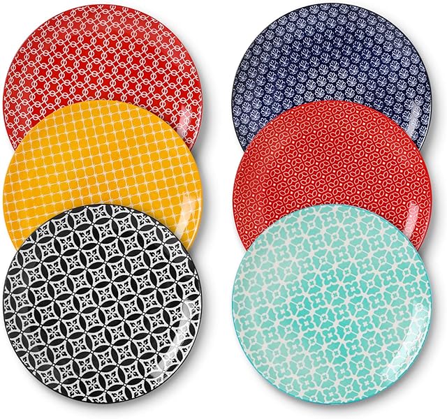 DOWAN 25.4 cm/ 10" Ceramic Dinner Plates, Porcelain Pasta Salad Plate Set, Dinner Plates for Dinner Party Christmas - Set of 6, Durable & Large, Dishwasher & Microwave Safe, Vibrant Colours