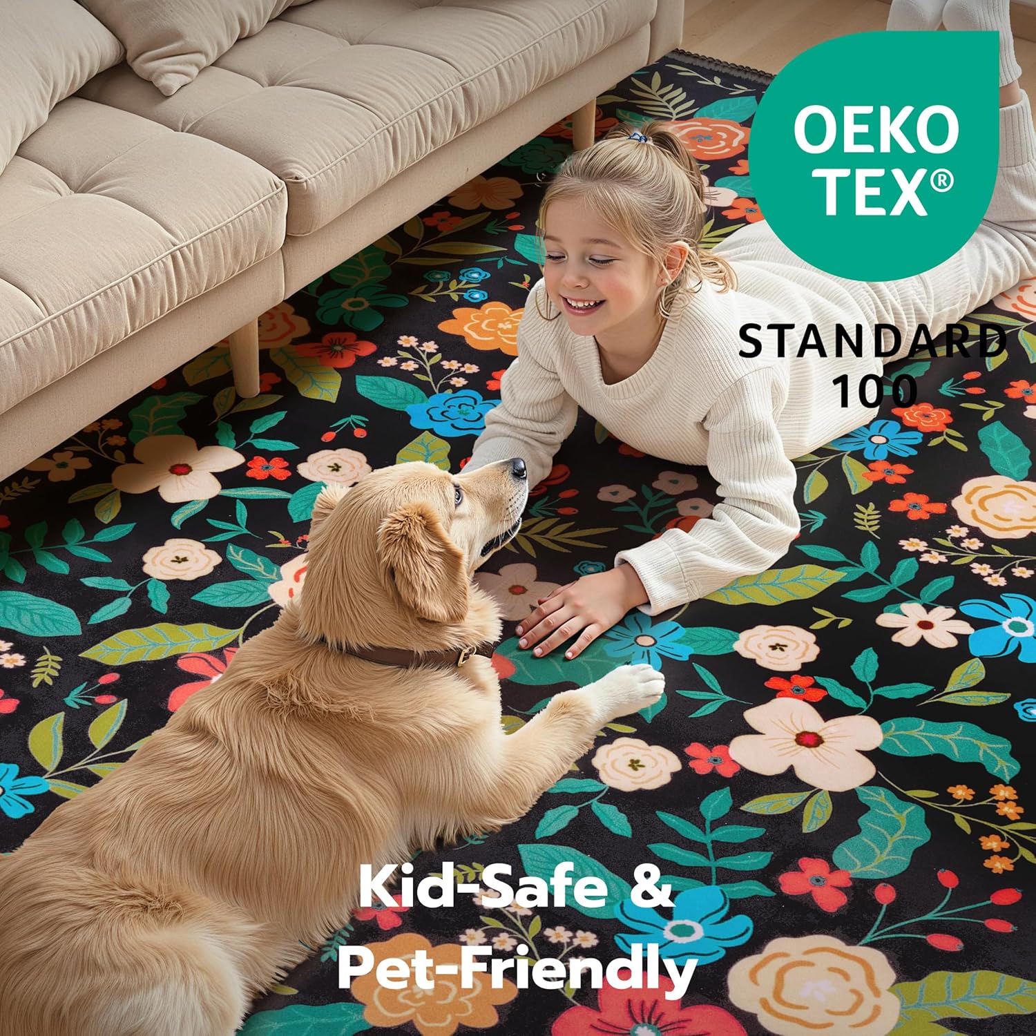 Joiedomi 5'x7' Area Rugs for Living Room Non-Slip Washable Rug with Rubber Backing Large Soft Boho Floral Carpet for Bedroom Kids Nursery Dining Room (Black)