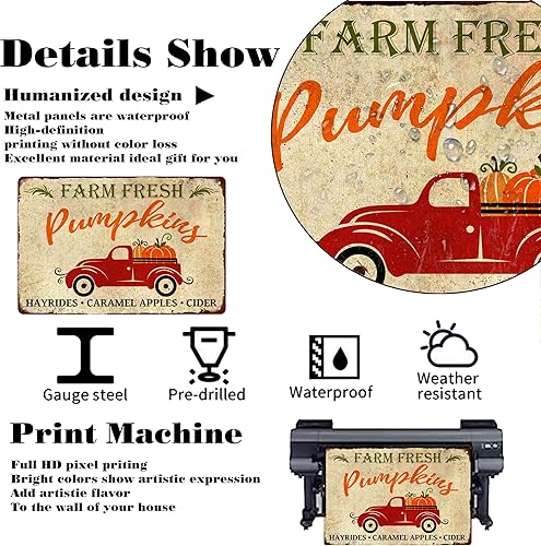 Miniatura 2 de Letrero de metal vintage con texto en inglés Farm Fresh Pumpkins Hayrides con texto en inglés Hayrides y manzanas de caramelo, letrero de metal