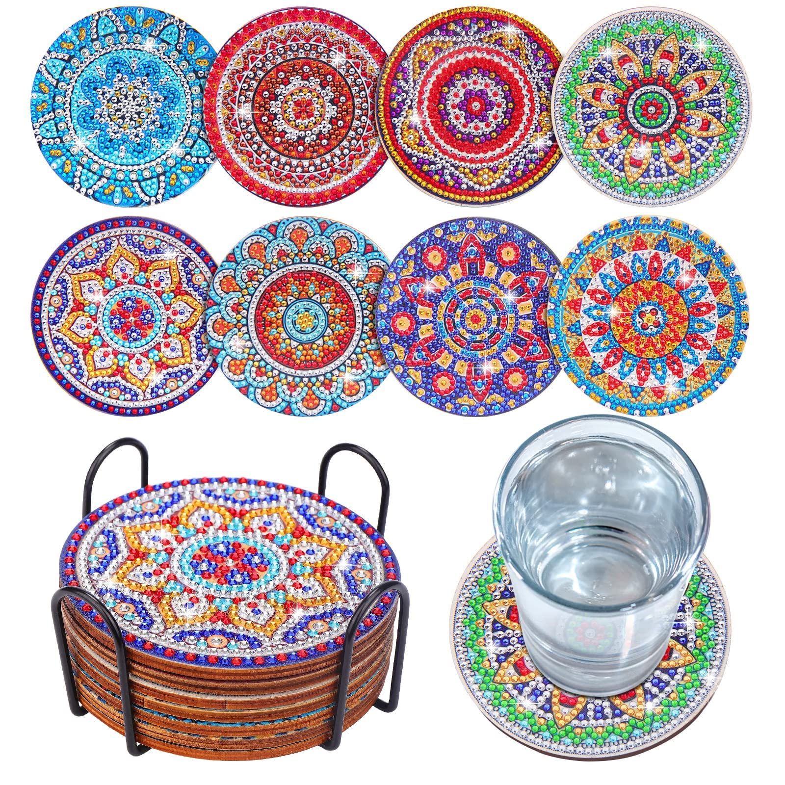 MAKINGTEC 8 Pcs Diamond Painting Coasters with Holder, MAKINGTEC Mandala Coasters DIY Diamond Art Crafts for Adults, Small Diamond Painting Kits Accessories