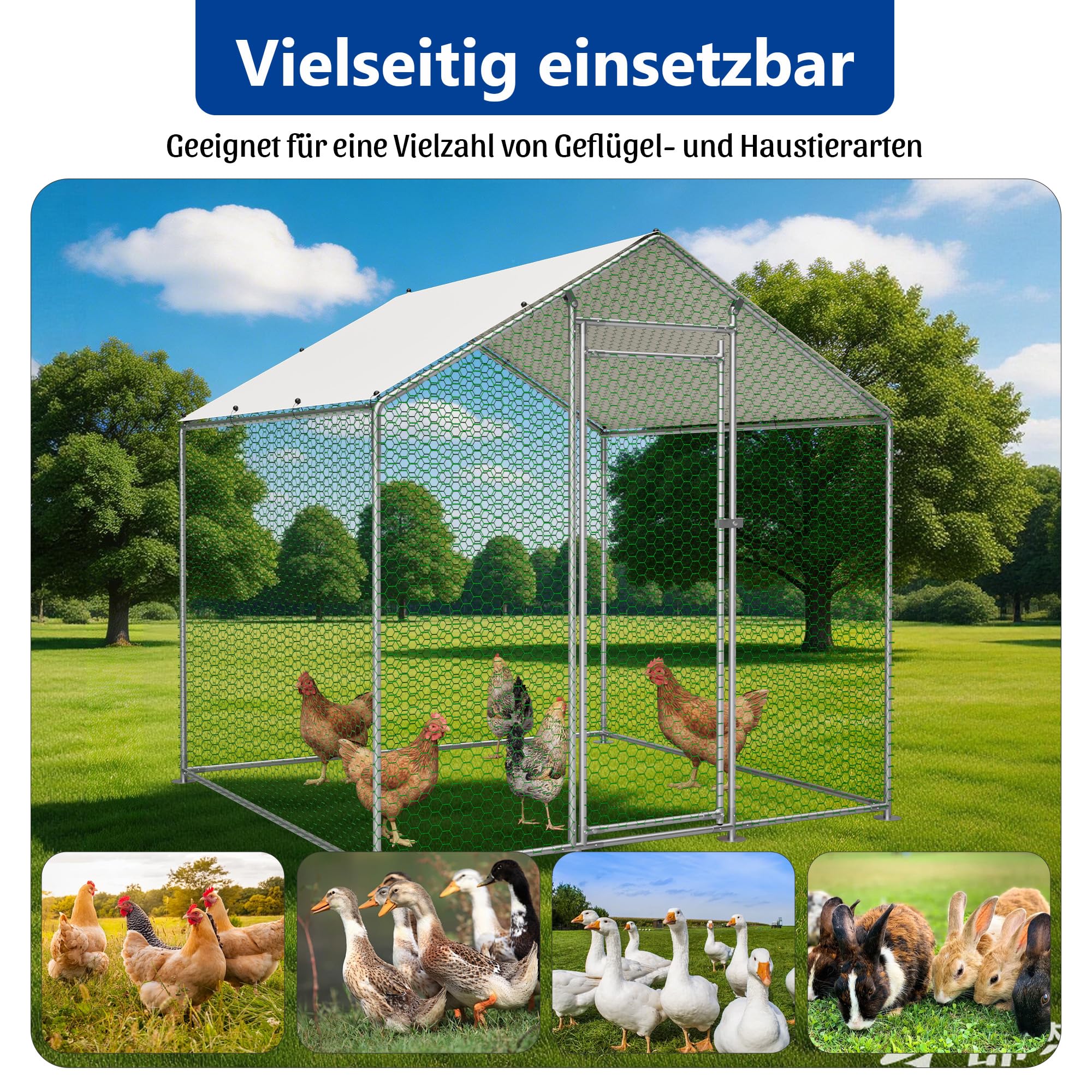 Thanaddo Hühnerstall Metall Freilaufgehege, 2x2 m Freilaufgehege Hühner mit PE-Tuch, Verzinkter Stahl Kleintierstall mit Riegelsystem-Tür für Hühner Haustierkäfig Hühnerkäfig Kleintiere Garten