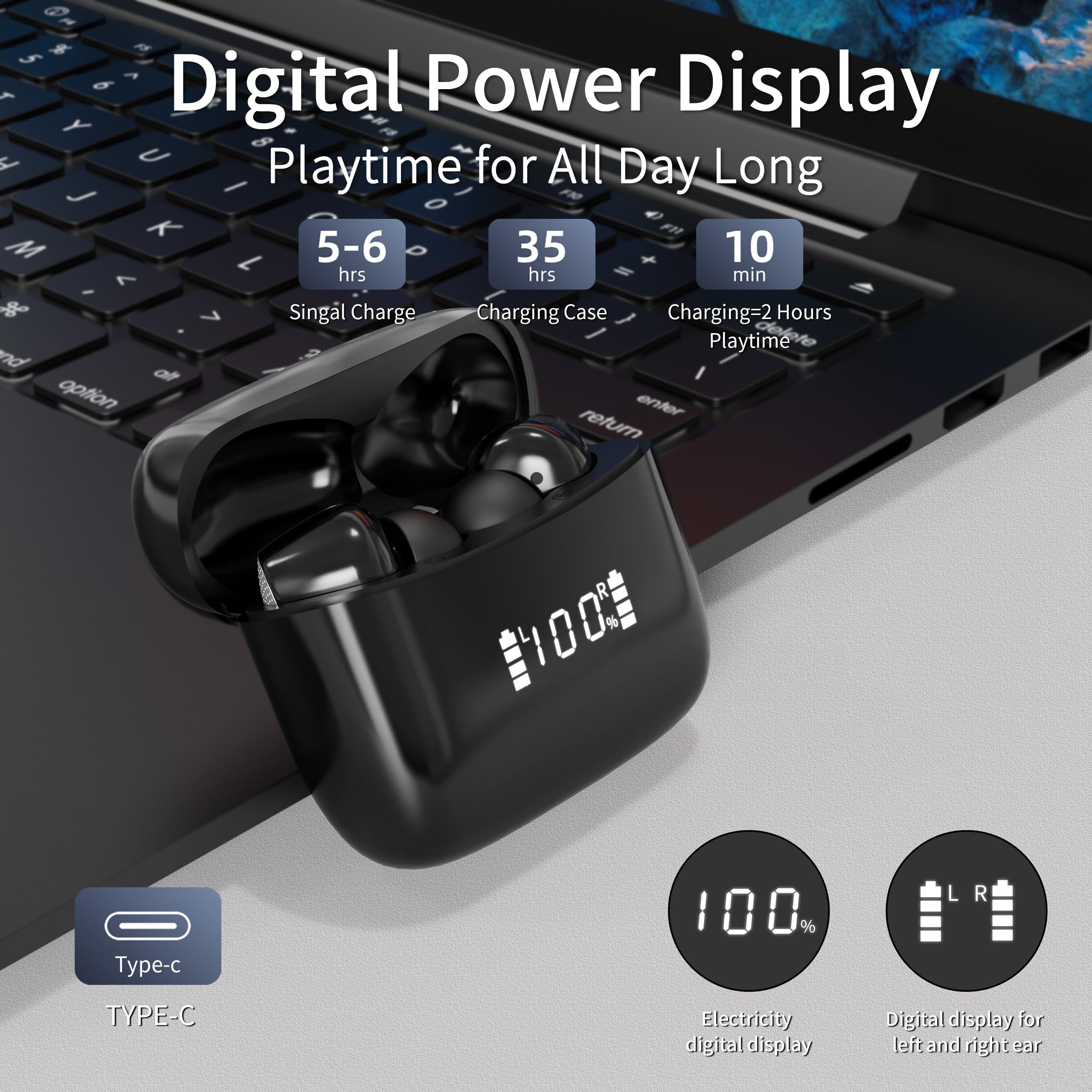 Carviki in-Ear Headphones Bluetooth 5.3,Sport Noise Cancelling Earbuds with 4 Mics,Waterproof IPX7,50H Long Playtime,LED Power Display,Excellent Sound,Comfortable,Compatibility with Android& iOS