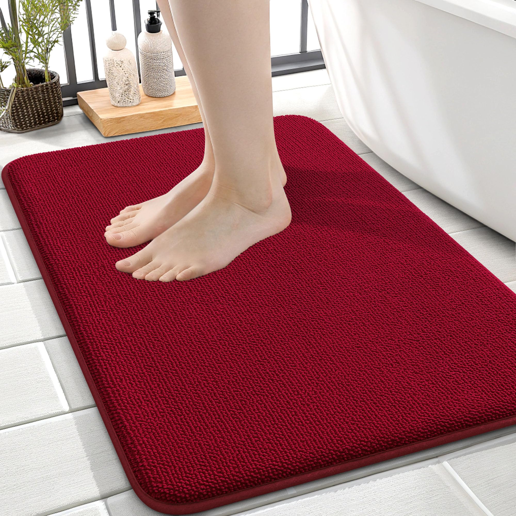 OLANLY Thick Memory Foam Small Bathroom Rug 24x16, Absorbent Bath Mat, Red