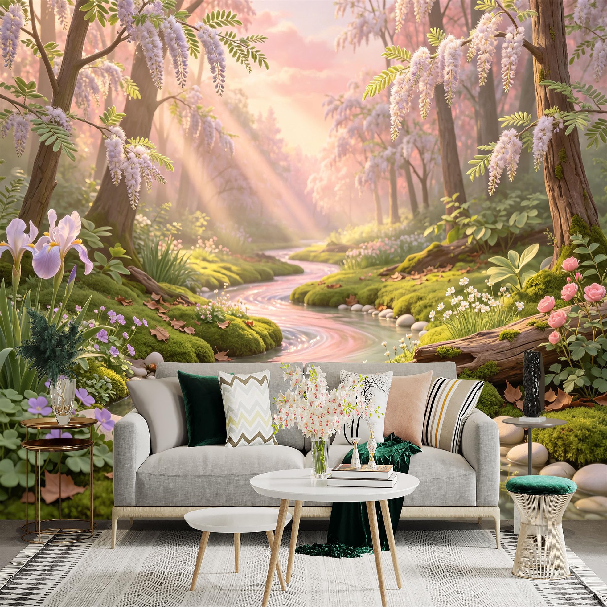 Lnzczhyre Bh260719417 Custom Size Wall Sticker Mural， Dreamy Pastel Spring Forest， Wisteria Blossom River， Mossy Landscape， Sunlit Woodland Scenery， For Wall Decoration， Peelandstick Wall Decals.