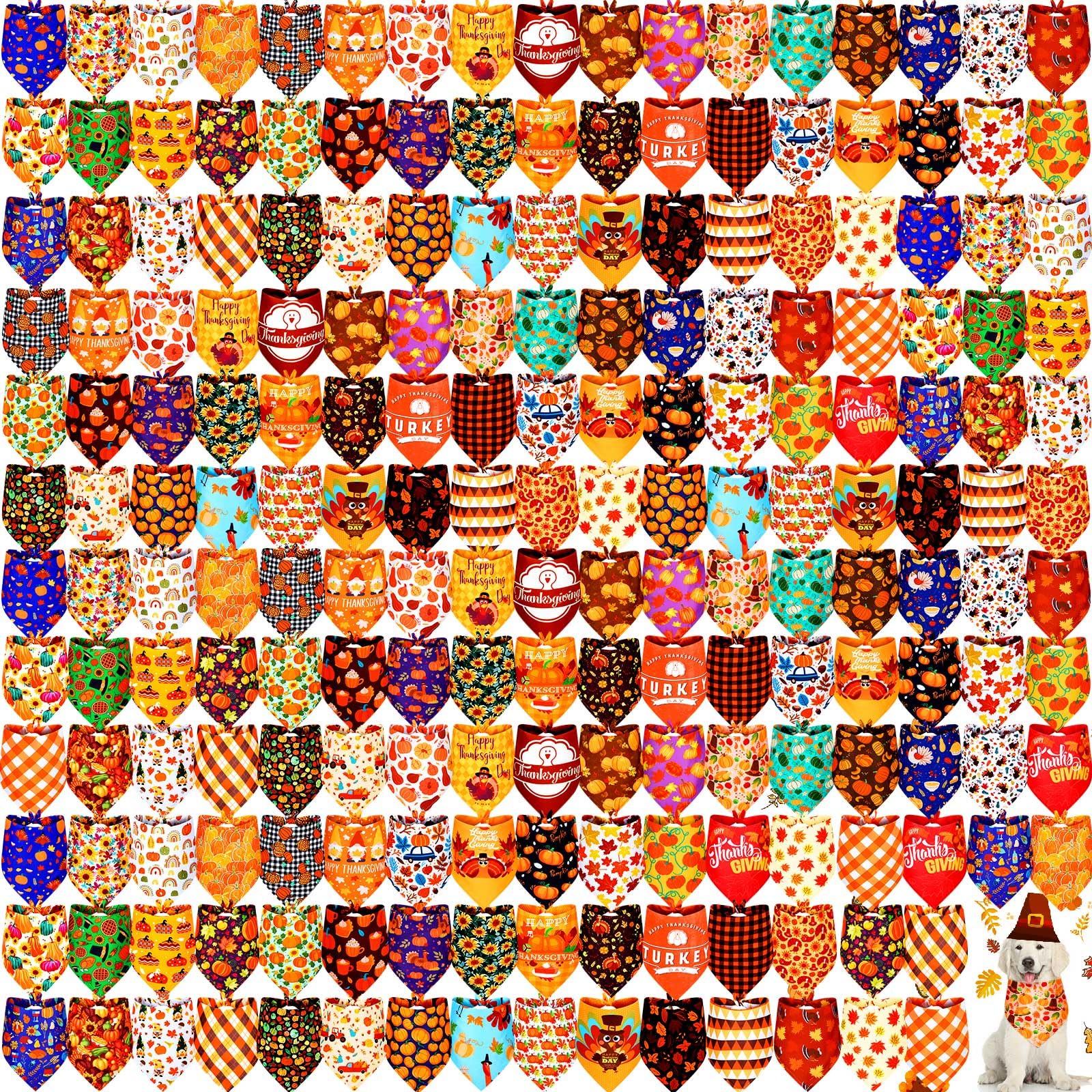 200 Pcs Thanksgiving Dog Bandanas Bulk Pumpkin Dog Bandana Turkey Printed Bibs Triangle Dog Handkerchief Adjustable Pet Scarf Soft Comfortable Dog Kerchief for Small to Large Dog Puppy Cat