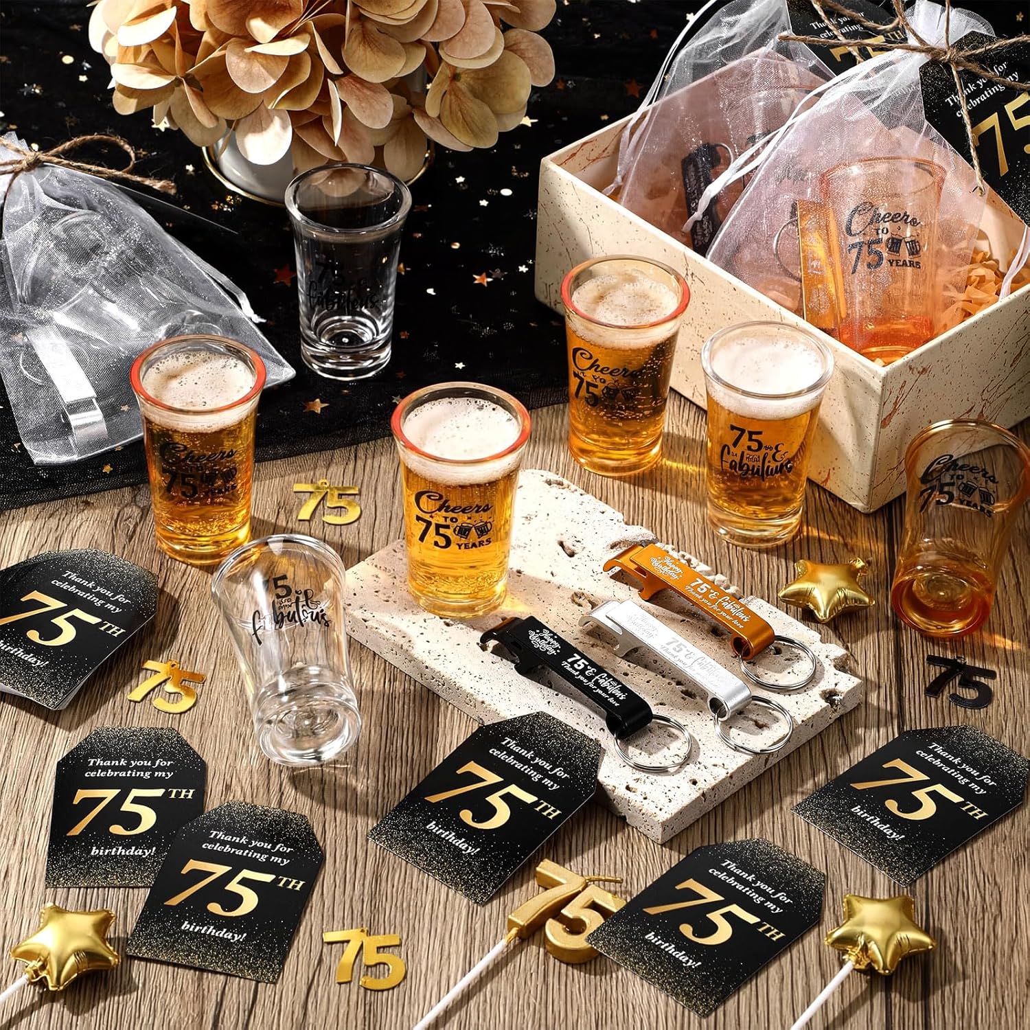 Domensi 30 sets 75th Birthday Party Favors for Guests 2 styles Acrylic Short Glasses 3 colors bottle opener Souvenir Thank You Tags with Organza Bags Twine for birthday Anniversary Wedding Shower