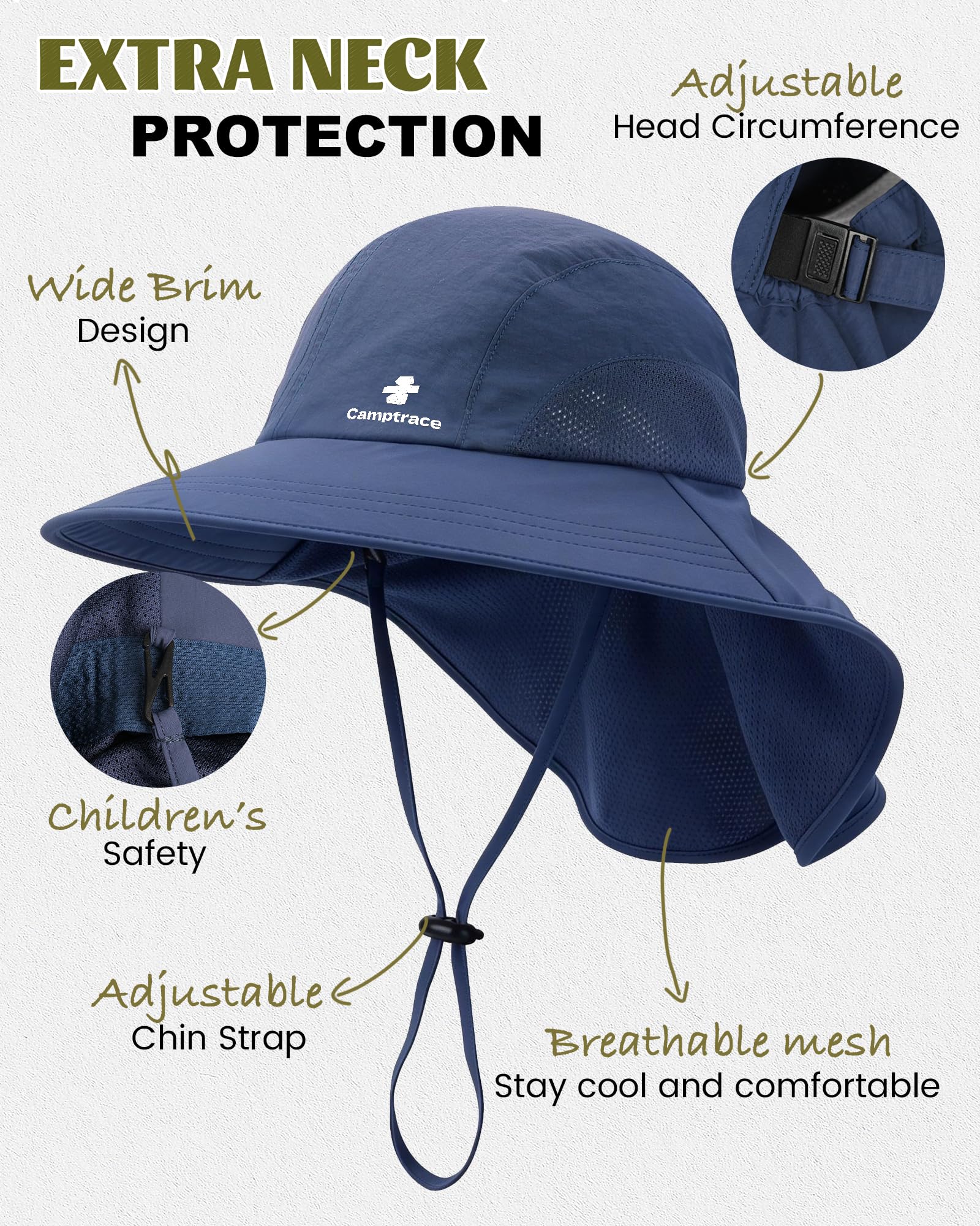 Camptrace Sombrero de ala ancha UPF 50+ para senderismo, pesca, jardinería, con solapa en el cuello, protección solar, sombreros de safari al aire libre para mujer, nailon