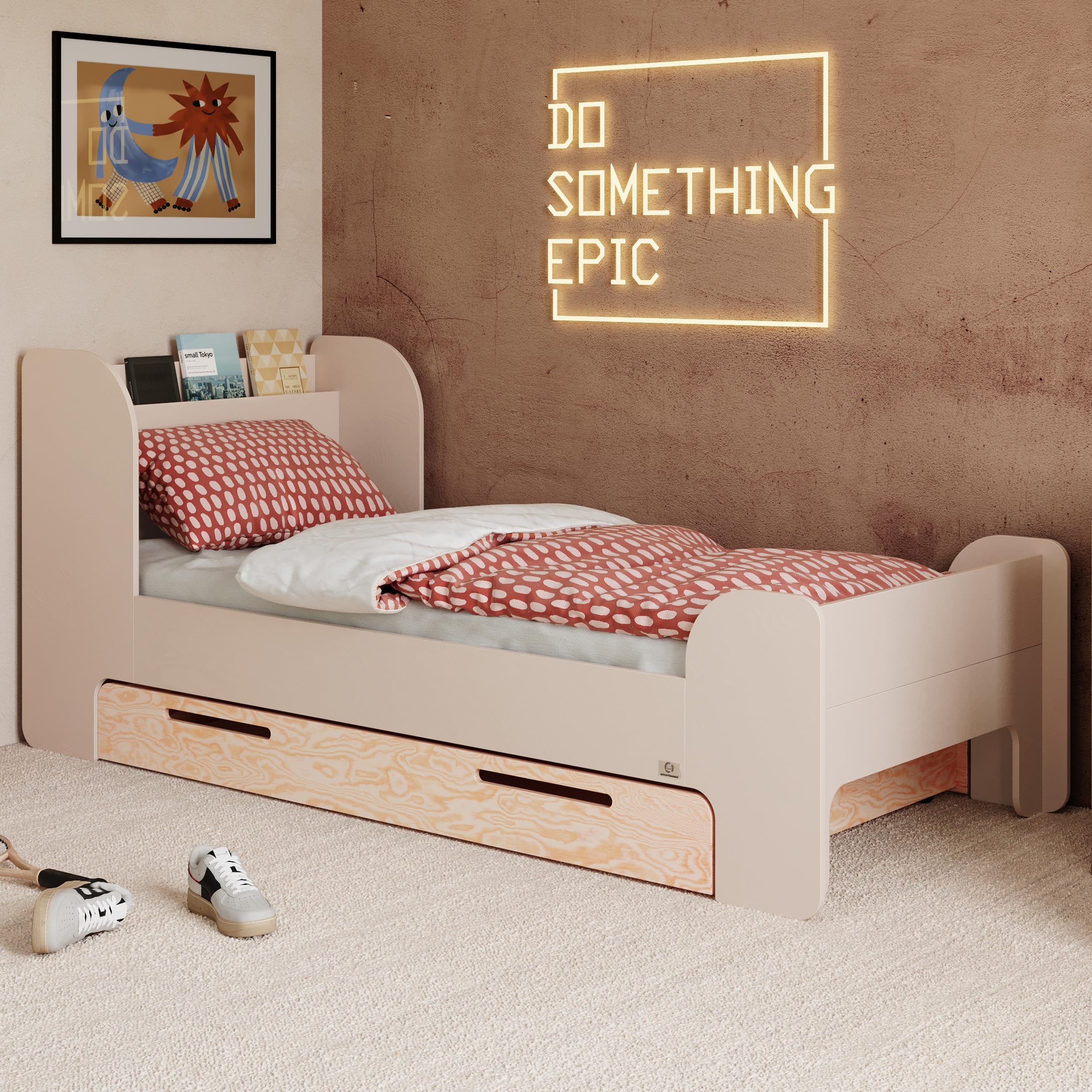 smartwood Letto Bambino 100x200 cm con Cassetto, in Legno, Cachemire Flou D | incl. Cassetto, Testiera con Ripiano, Rete fino a 230 kg, in Legno di Pino FSC, Letto per Ragazze & Ragazzi dai 3 anni