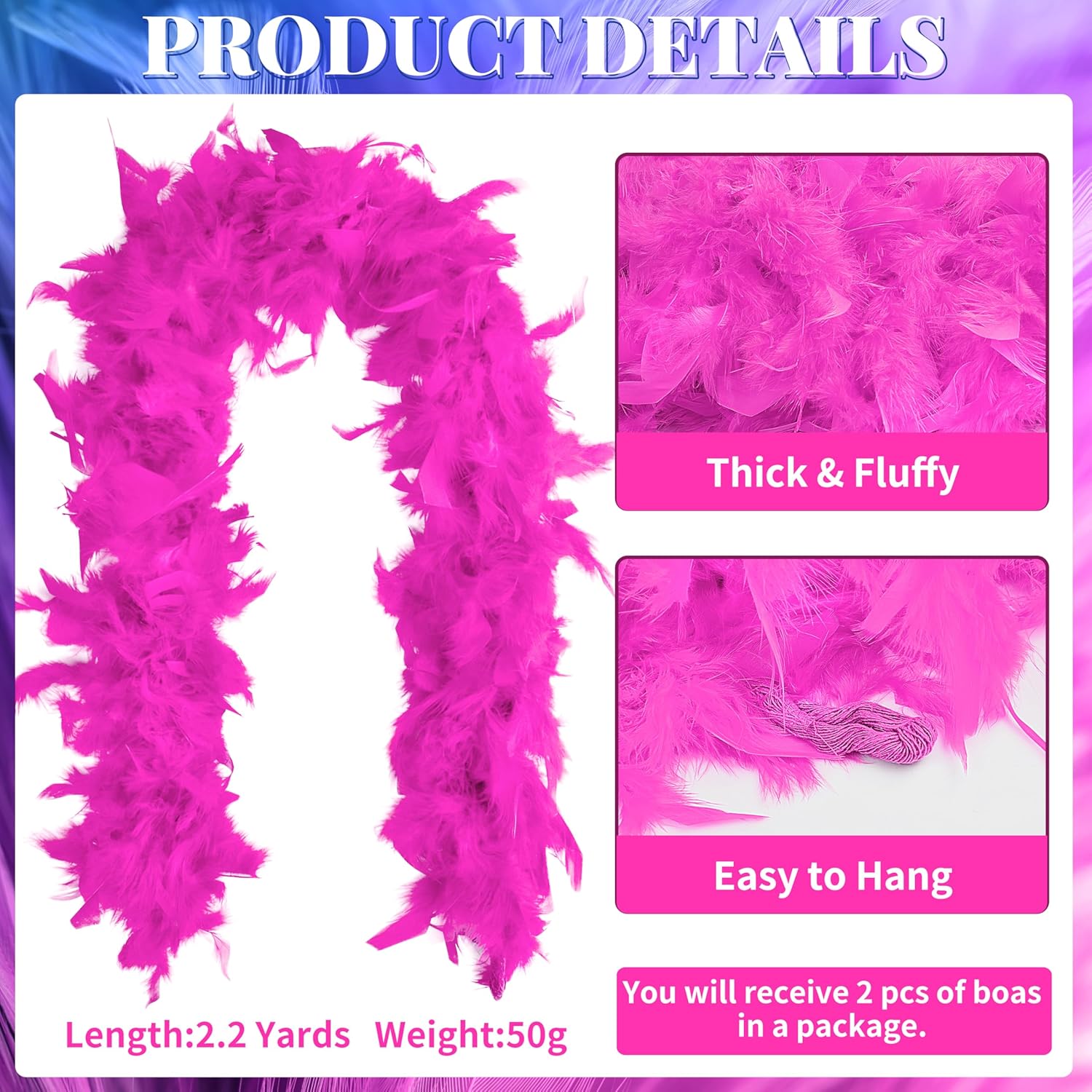 2 Pcs 2.2 Yards 50 g Feather Boas, Artificial Fluffy Turkey Boa for Dancing Wedding Party Halloween Costume Decor - Image 2