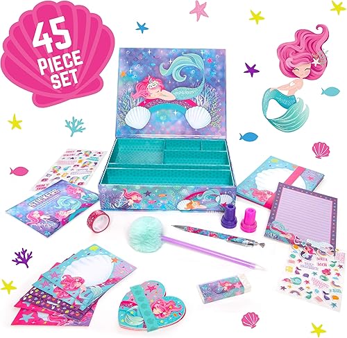 Miniatura 3 de GirlZone Juego de papelería de sirena, 45 piezas, papel blanco, juego de escritura de sirena y kit de escritura de letras para niños