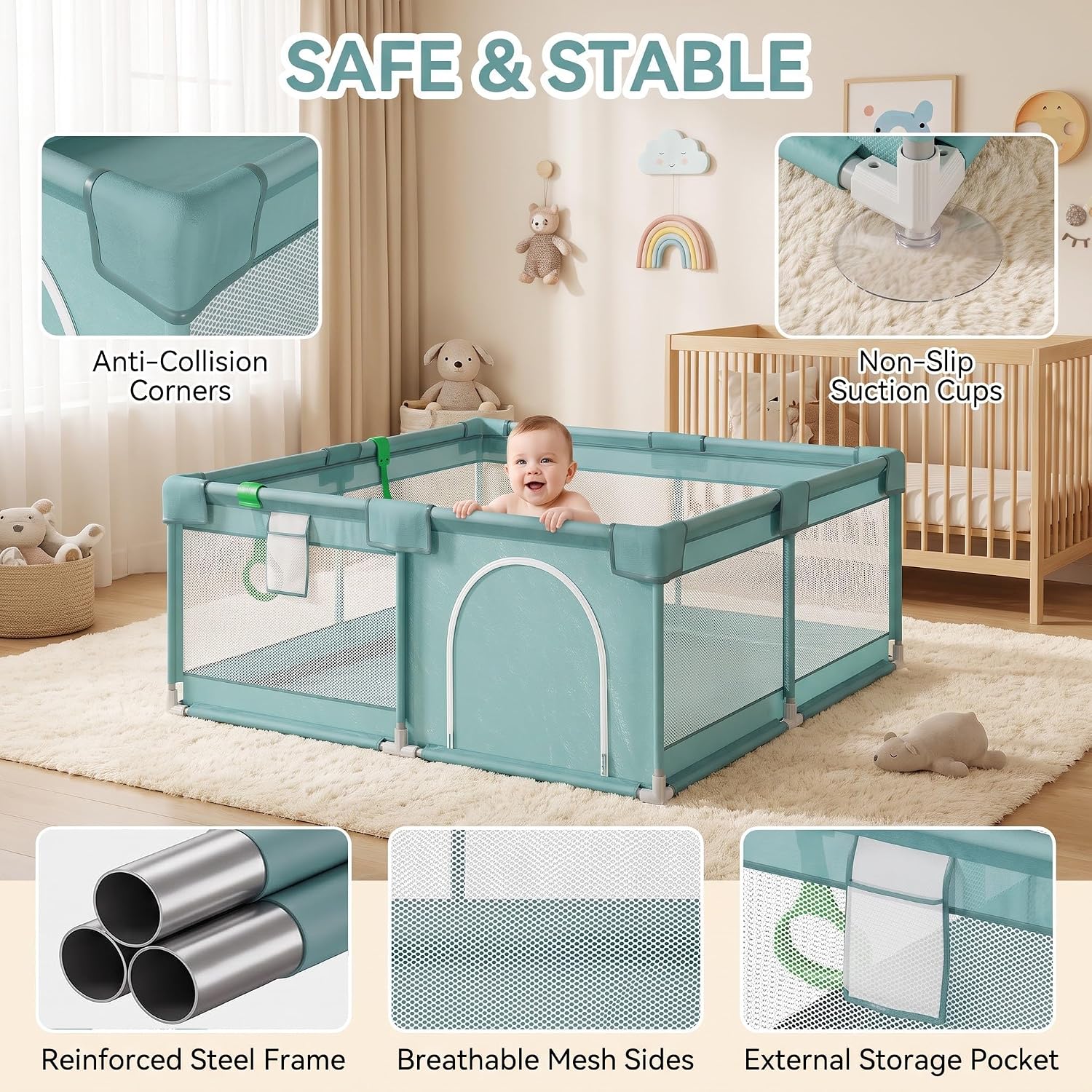 Baby Playpen, 47x47 Inch Play Pens for Babies and Toddlers, Green image 5