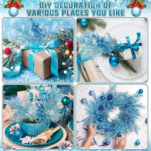 Miniatura 3 de Cindeer 80 tallos de bayas con purpurina de Navidad y agujas de pino artificiales con purpurina navideña, púas de ramitas florales falsas,