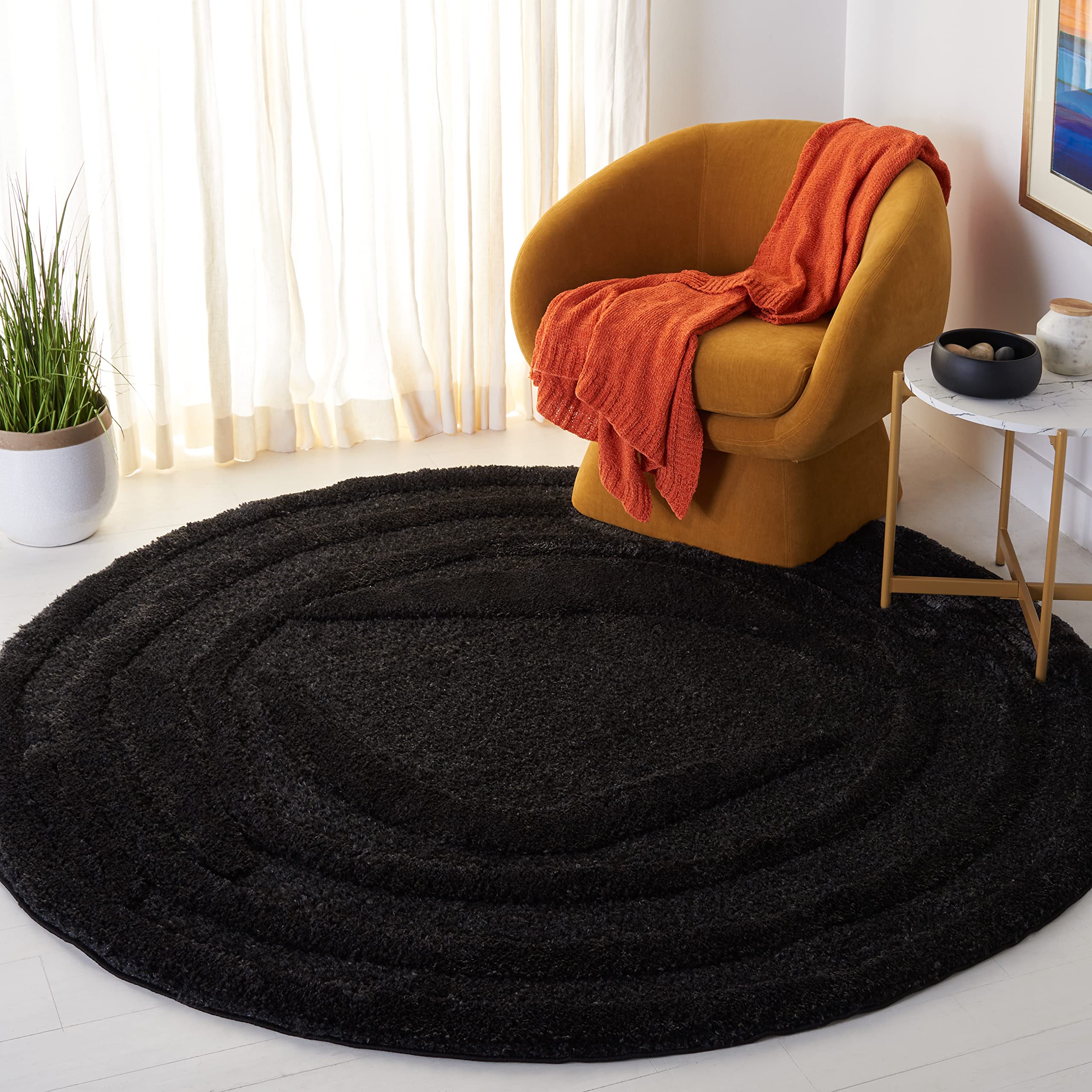 SAFAVIEH Hi-Lo Shag Collection Area Rug - 6'7" Round, Black, Modern Textured Design, Non-Shedding & Easy Care, 1.6-inch Thick Ideal for High Traffic Areas in Living Room, Bedroom (HLS214Z)