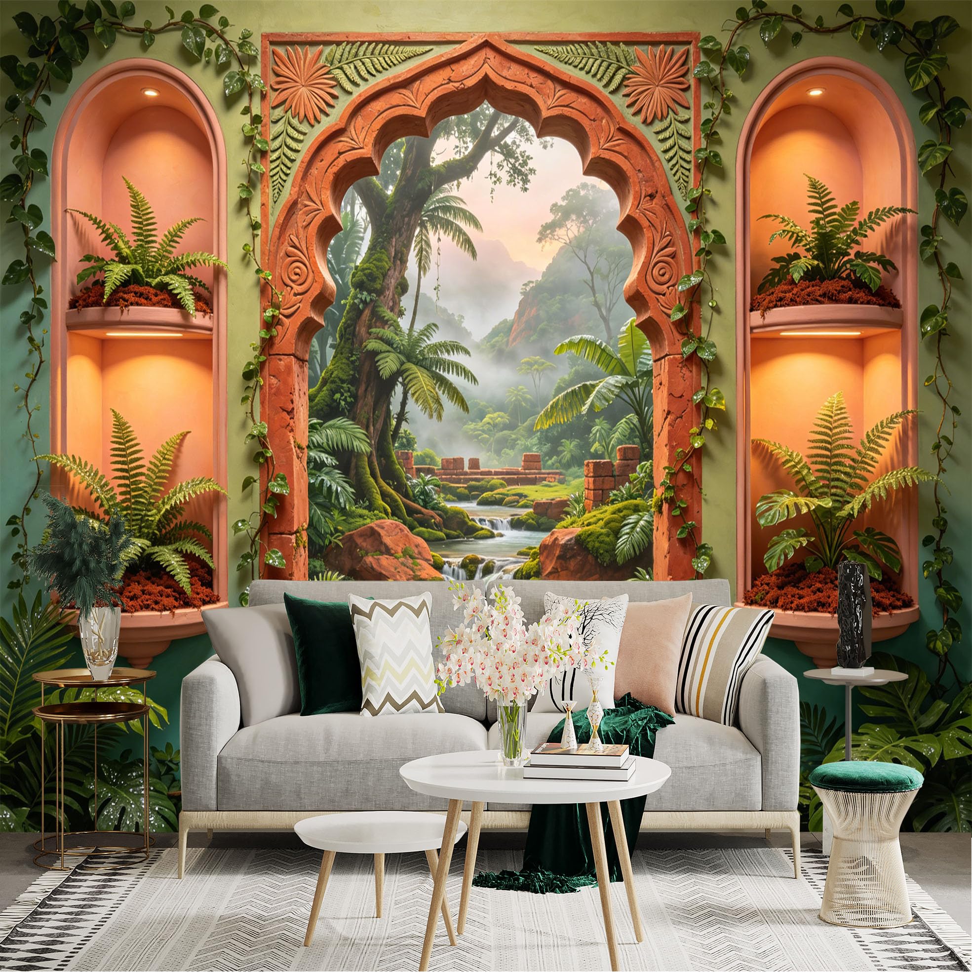 Custom Size Wall Sticker Mural， Tropical Jungle Waterfall View Through Ornate Arch Window， for wall Decoration， peelandstick wall Decals.