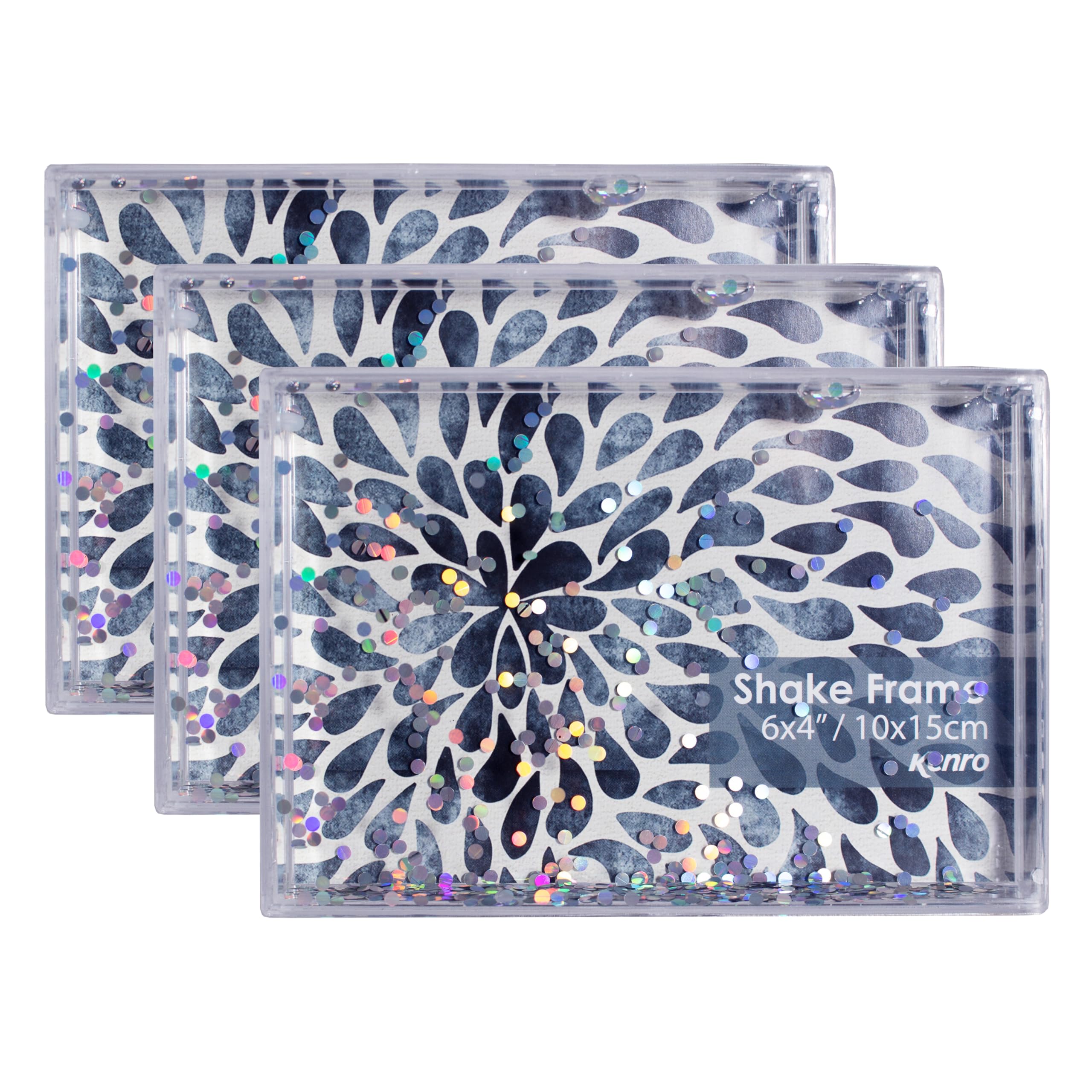 Kenro Box of 3 Glitter Shake Photo Frame 6x4 Inch / 10x15cm Novelty Gift with Round Silver Sequins - KS1015-3